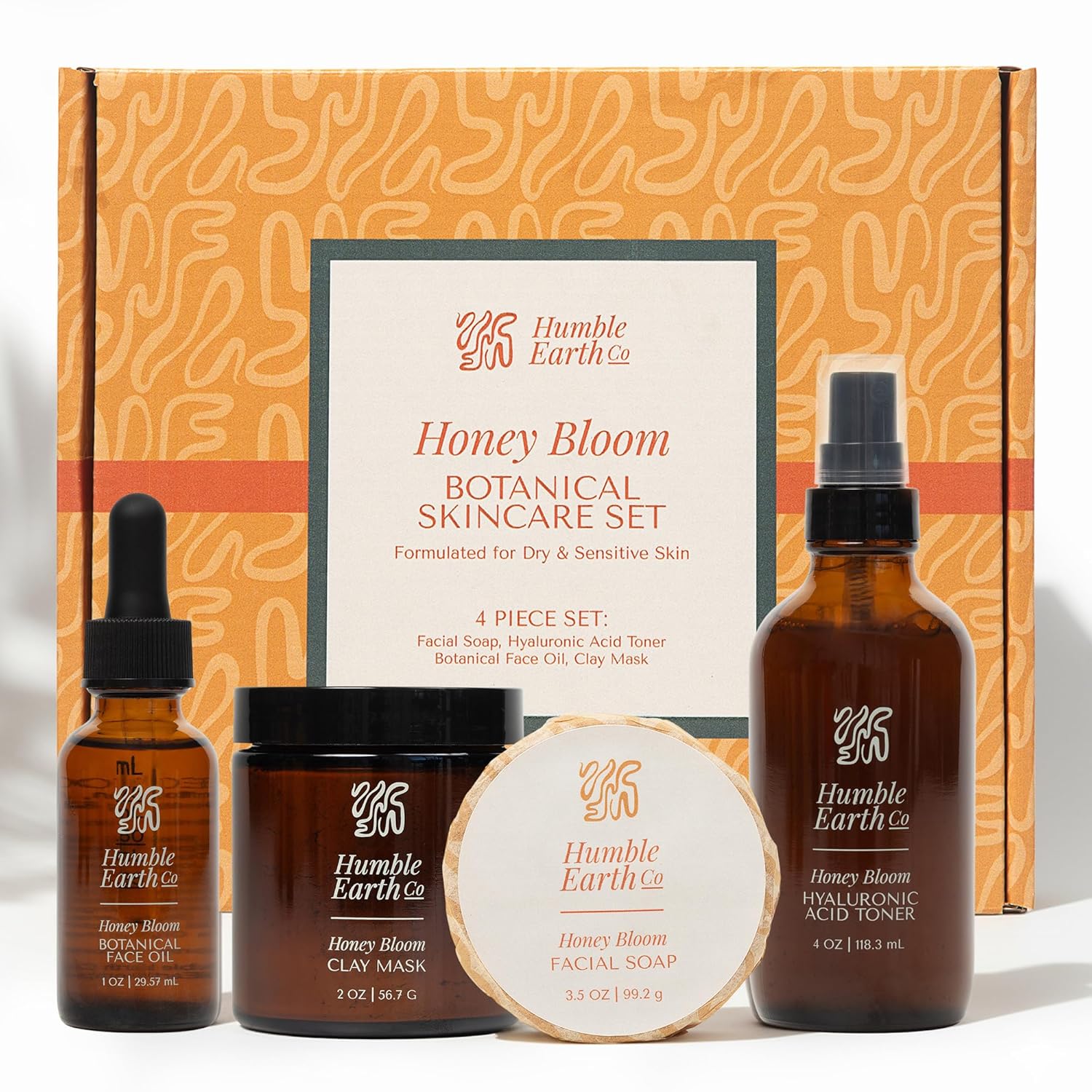 Honey Bloom Botanical Skin Care Set for Women - 4-Piece Face Skincare Gift Set with Hyaluronic Acid Facial Toner, Natural Face Oil, Clay Mask & Facial Soap Bar for Dry, Sensitive Skin
