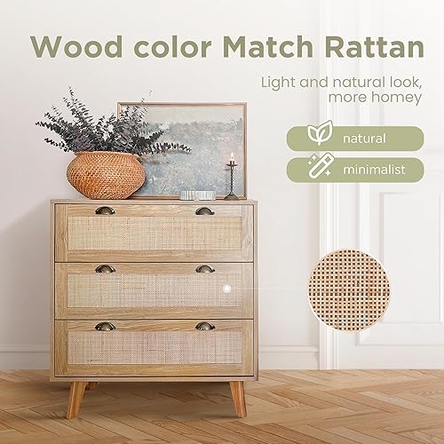 Miniatura 5 de Sophia & William Mueble de ratán Boho Cómoda de 3 cajones con cajonesGabinete de almacenamiento de acentoMesita de noche