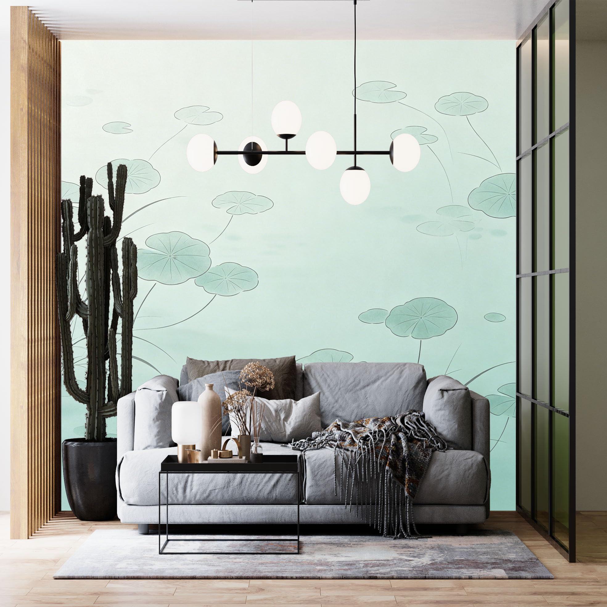 Papier peint lotus vert sauge pour salon et chambre