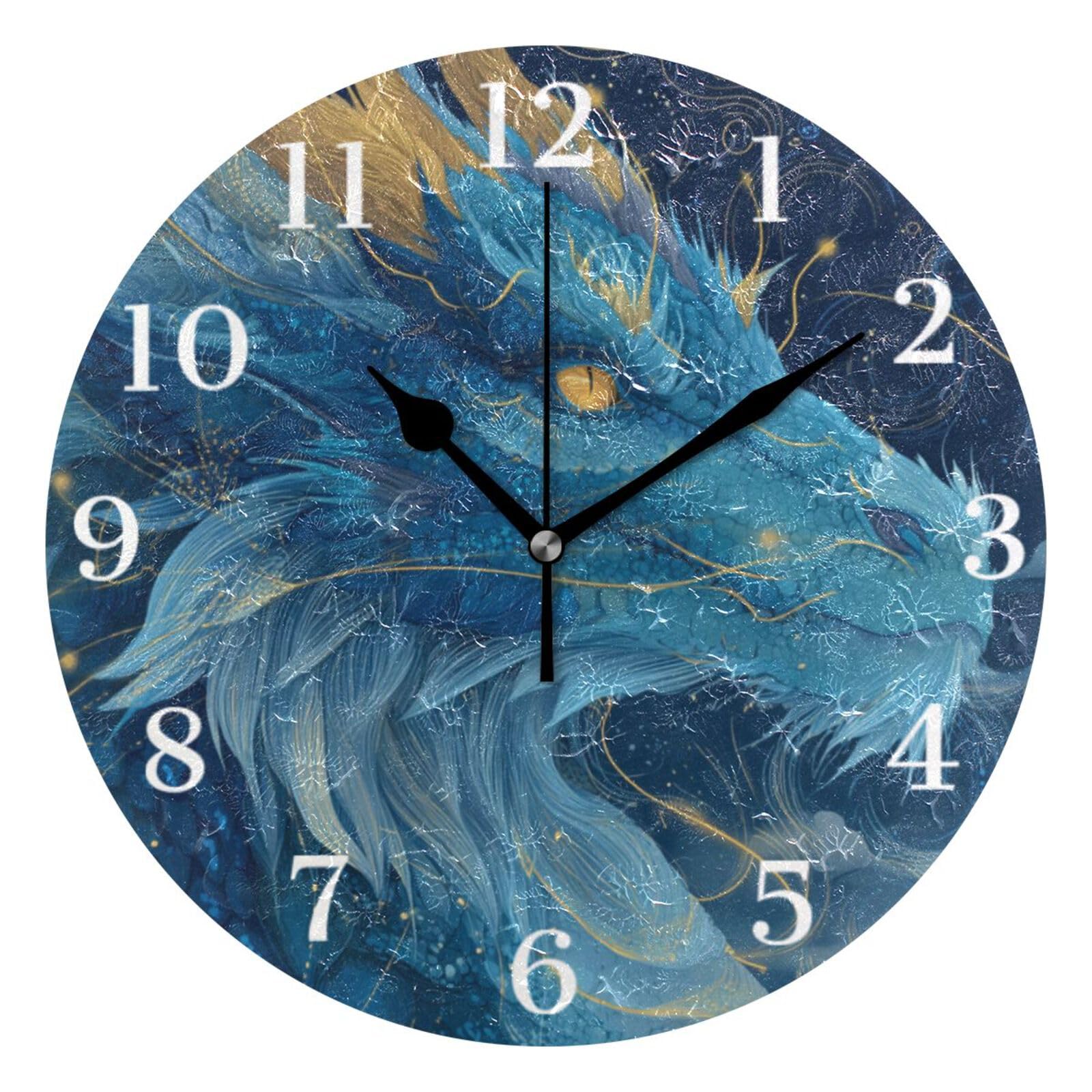 Ensound Blue Dragon Wall Clock Silent Non-Ticking Battery Operated Clocks 12 Inch for Kitchen Home Living Room