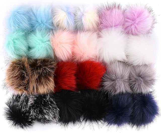 Faux Fur Pom,24 Pcs Pom Balls 3.93 Inch DIY Faux Fox Fur Fluffy Pom with Elastic Loop for Hats Keychains Scarves Gloves Bags Accessories,12 Colors,2 Pcs per Colour
