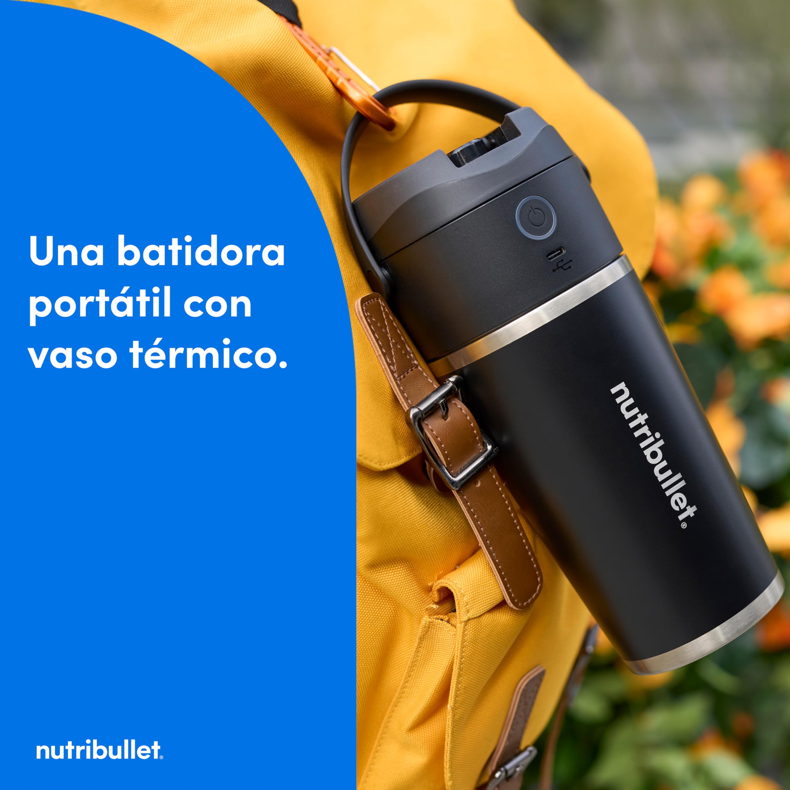 nutribullet Flip NBP016B, Licuadora Portátil con Vaso Termo de 590ml, Conserva el Frío 24h, Tritura Hielo, Incluye Tapa y Pajita, Carga USB-C, Acero Inoxidable, Negro