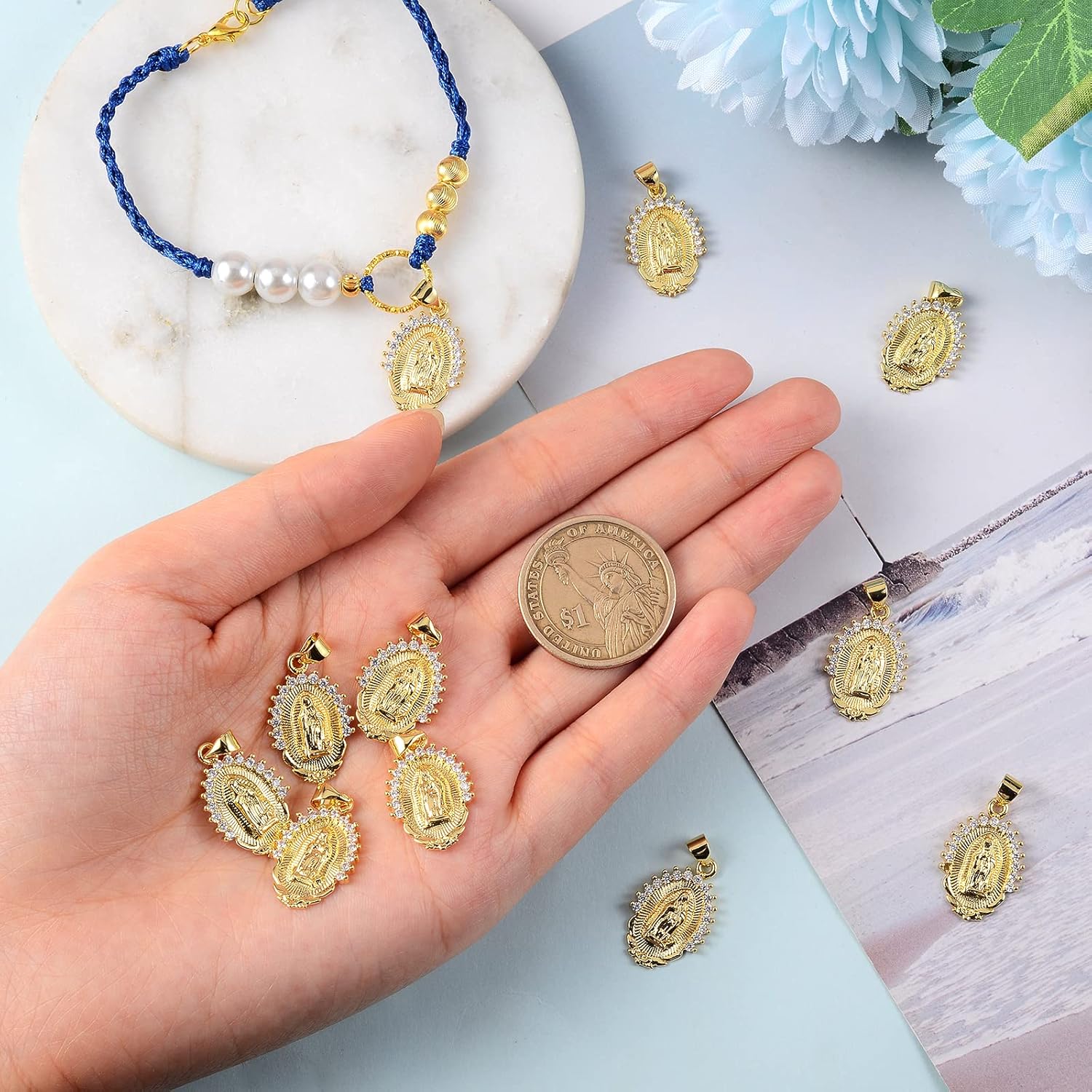 Ornaland 10 Pcs Oval Holy Virgin Maria Charms 18K Gold Plated Brass Cubic Zirconia Maria Pattern Pendants for Jewelry Making - Image 3