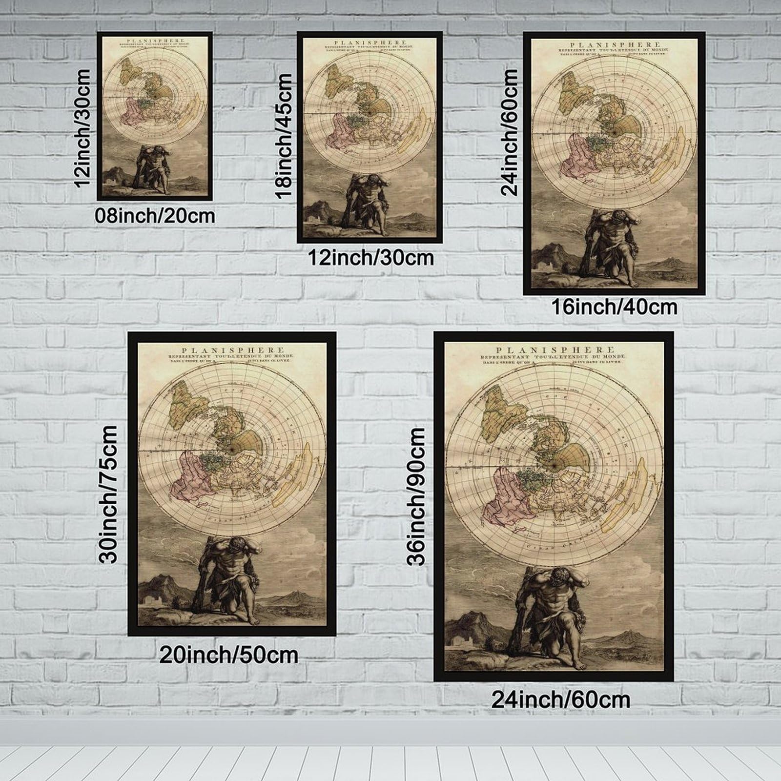 WCYB Flache Erde Planisphere Weltkarte Vintage 1715 – Louis Renard – Azimutel Äquidistant Poster Drucke Leinwand Deko Gemälde Wandkunst zum Aufhängen Rahmen 40,6 cm L
