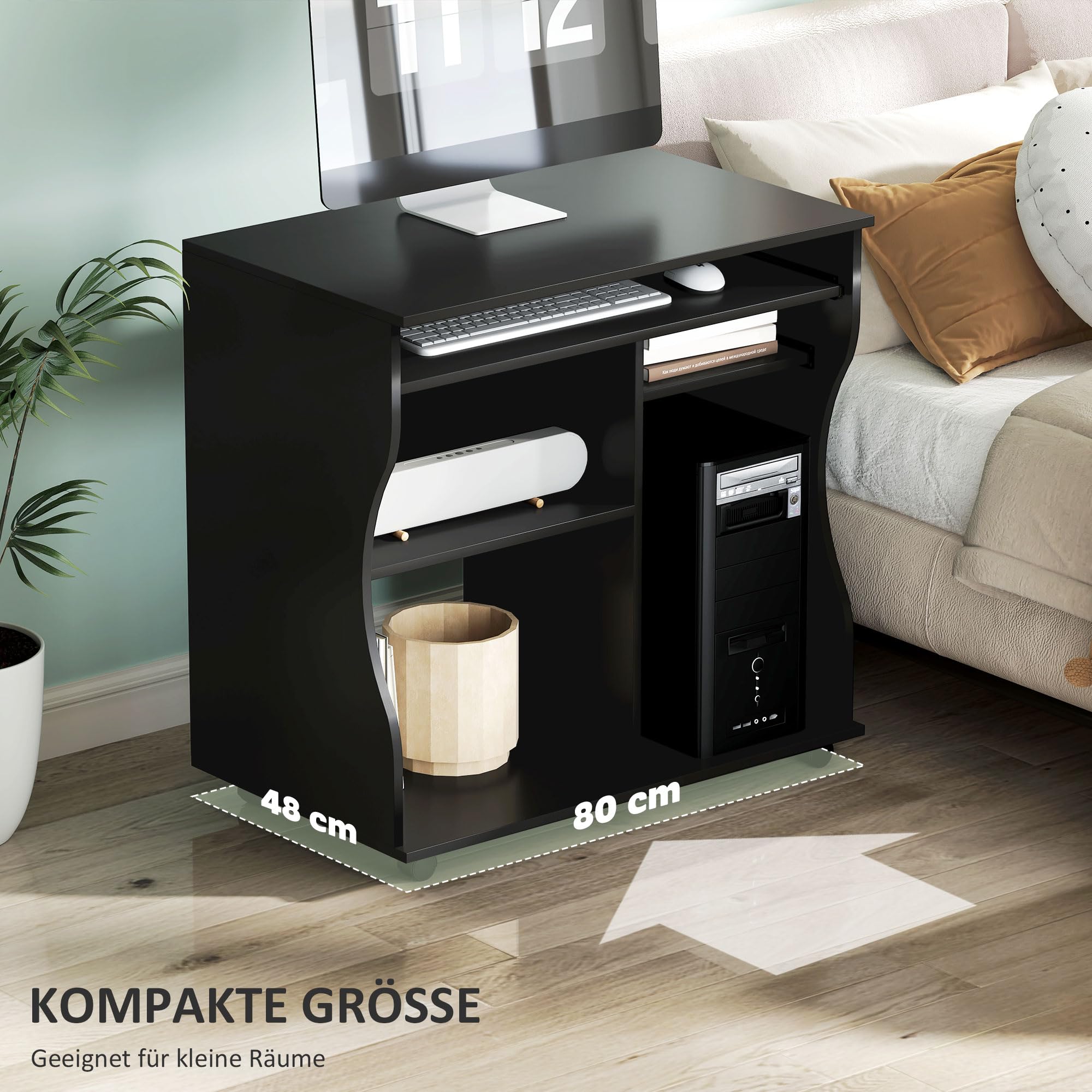 HOMCOM Computertisch Schreibtisch mit Rollen Bürotisch mit Tastaturablage, Ablage, PC Tisch Schwarz 80 x 48 x 75 cm