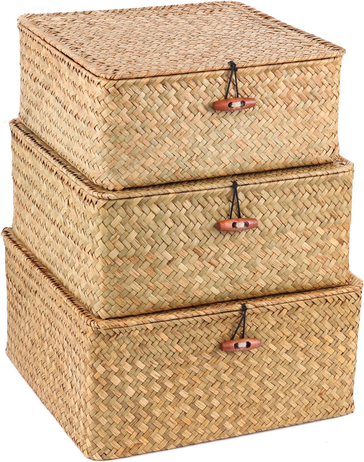 3 Pack Cube Seagrass Storage Bins with Lids, Rattan Woven Decorative Storage Boxes, Wicker Storage Baskets for Shelves, Storage Containers for Organizing, Clothes and Hobby Things