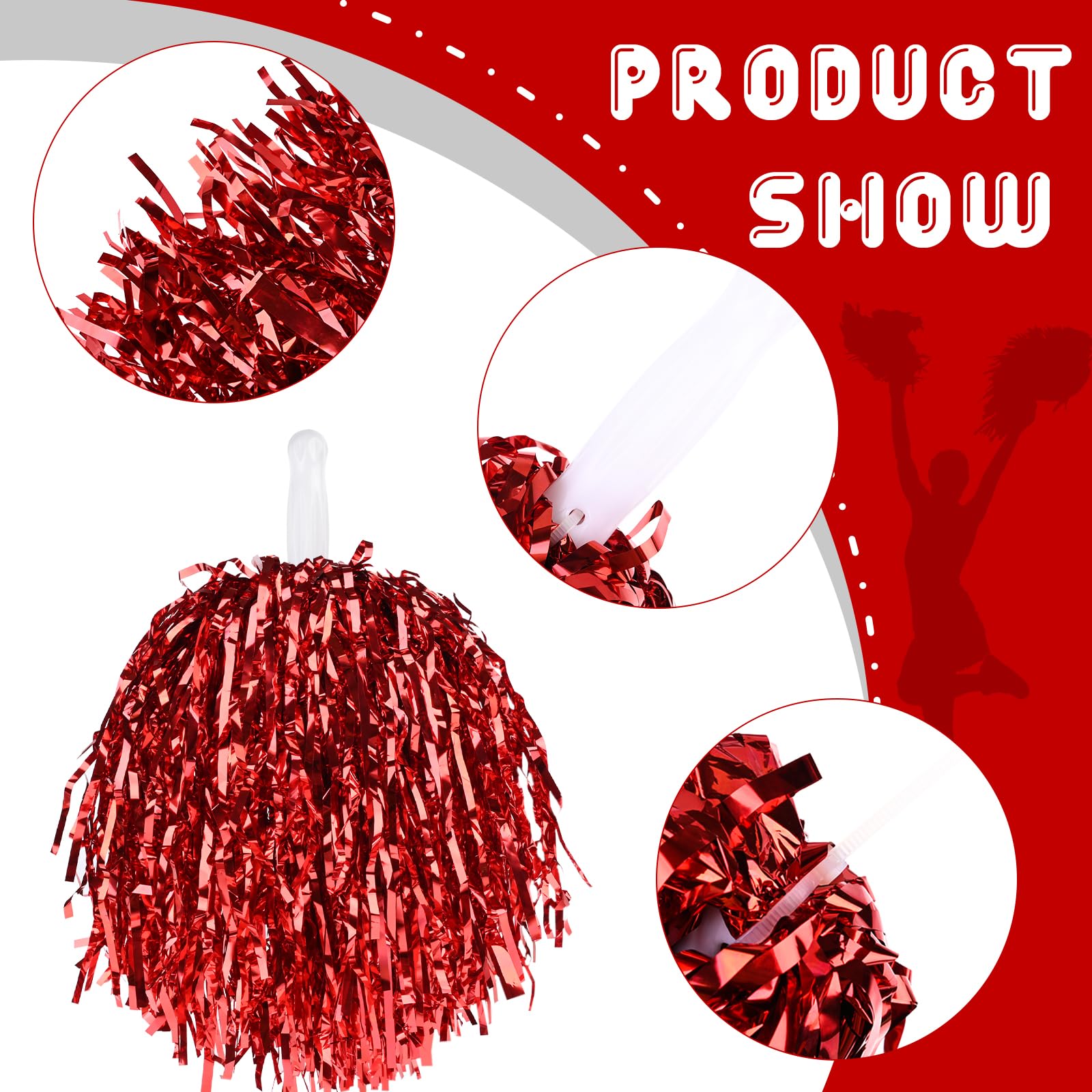 Lot de 60 pompons de pom-pom girl en vrac avec poignées en plastique, pompons de pom-pom girl pour enfants et adultes (rouge)