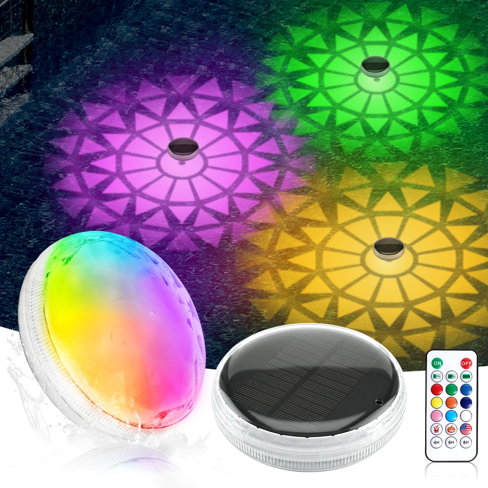 Lustaled Poolbeleuchtung Unterwasser mit Fernbedienung,Farbwechsel Schwimmende Teichbeleuchtung,IP67 Wasserdicht Solar Pool Licht für Brunnen, Teich, Aquarium, Party Deko-2 Stück