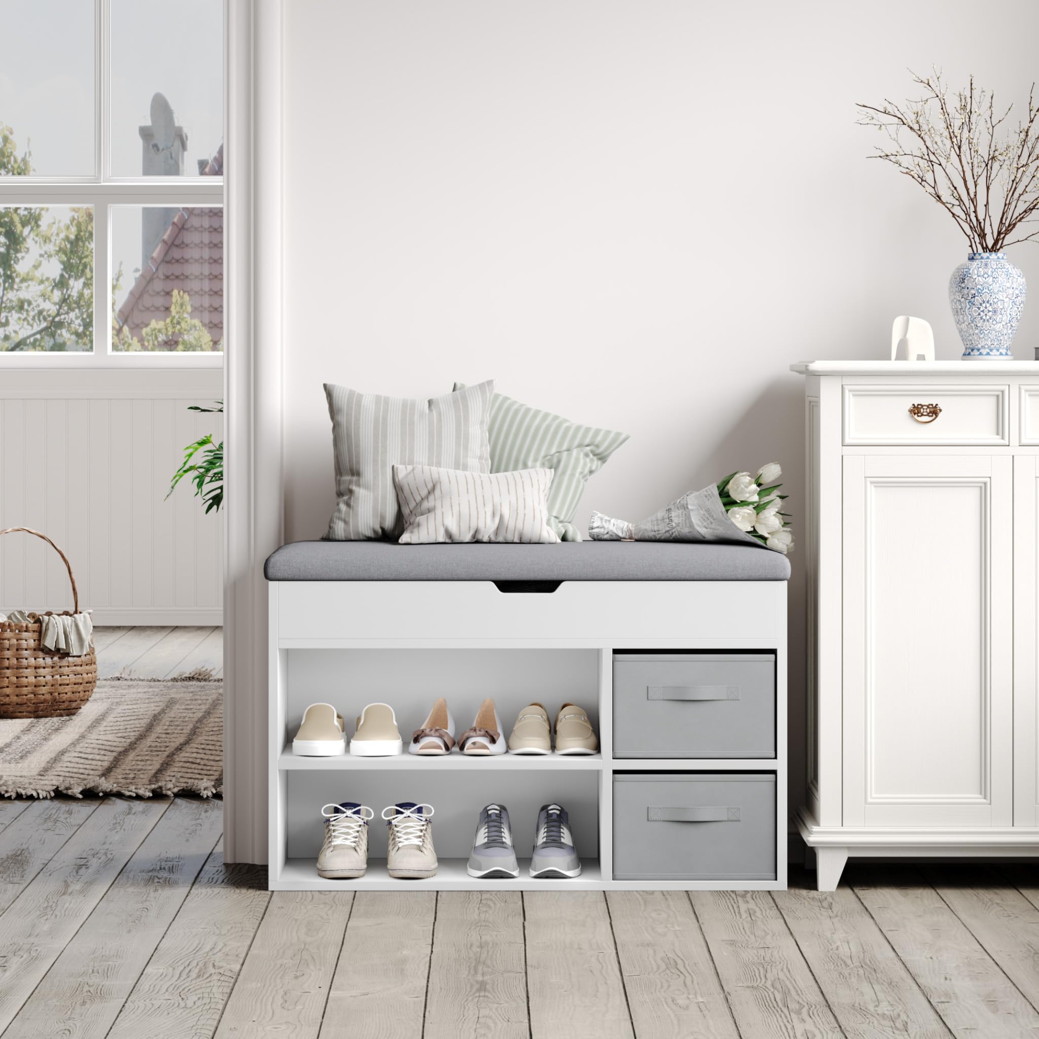 Mondeer Schuhbank mit Sitzfläche, Sitzbank mit Stauraum 2 Stoffschubladen, für Flur Eingang Wohnzimmer, 80 x 48 x 30 cm, Weiß
