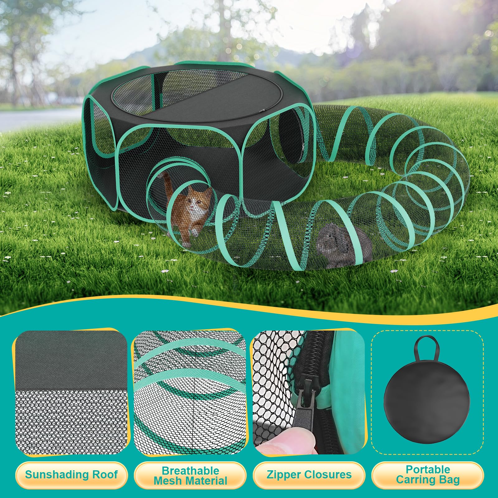 Recinto para gatos al aire libre con túnel, carpa portátil para gatos al aire libre para camping, viajes, corral exterior para gatos para animales pequeños y gatitos
