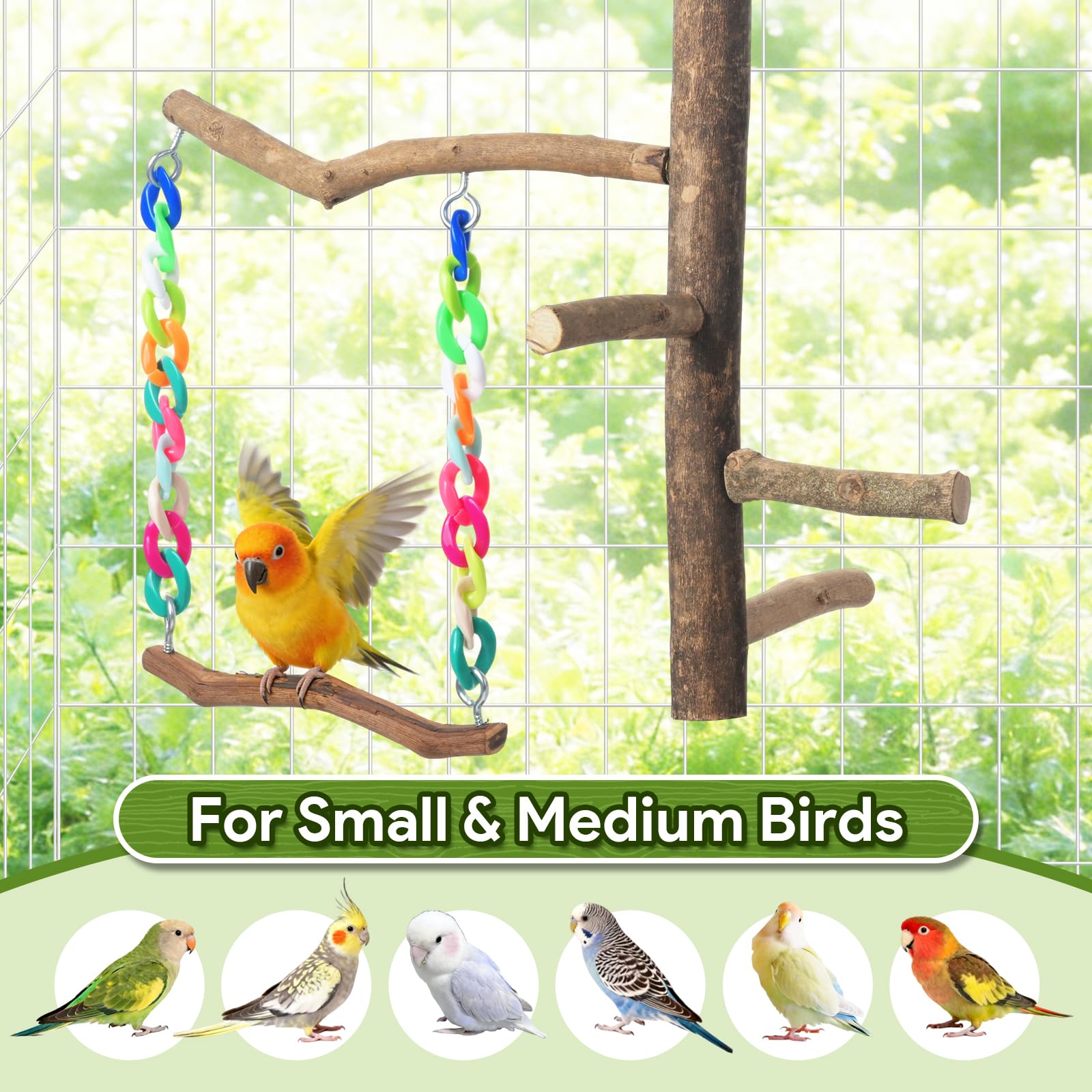 Juguetes para pájaros, juguetes de columpio para pájaros con soporte de perca, accesorios de jaula para periquitos, cacatúas y otros pájaros pequeños