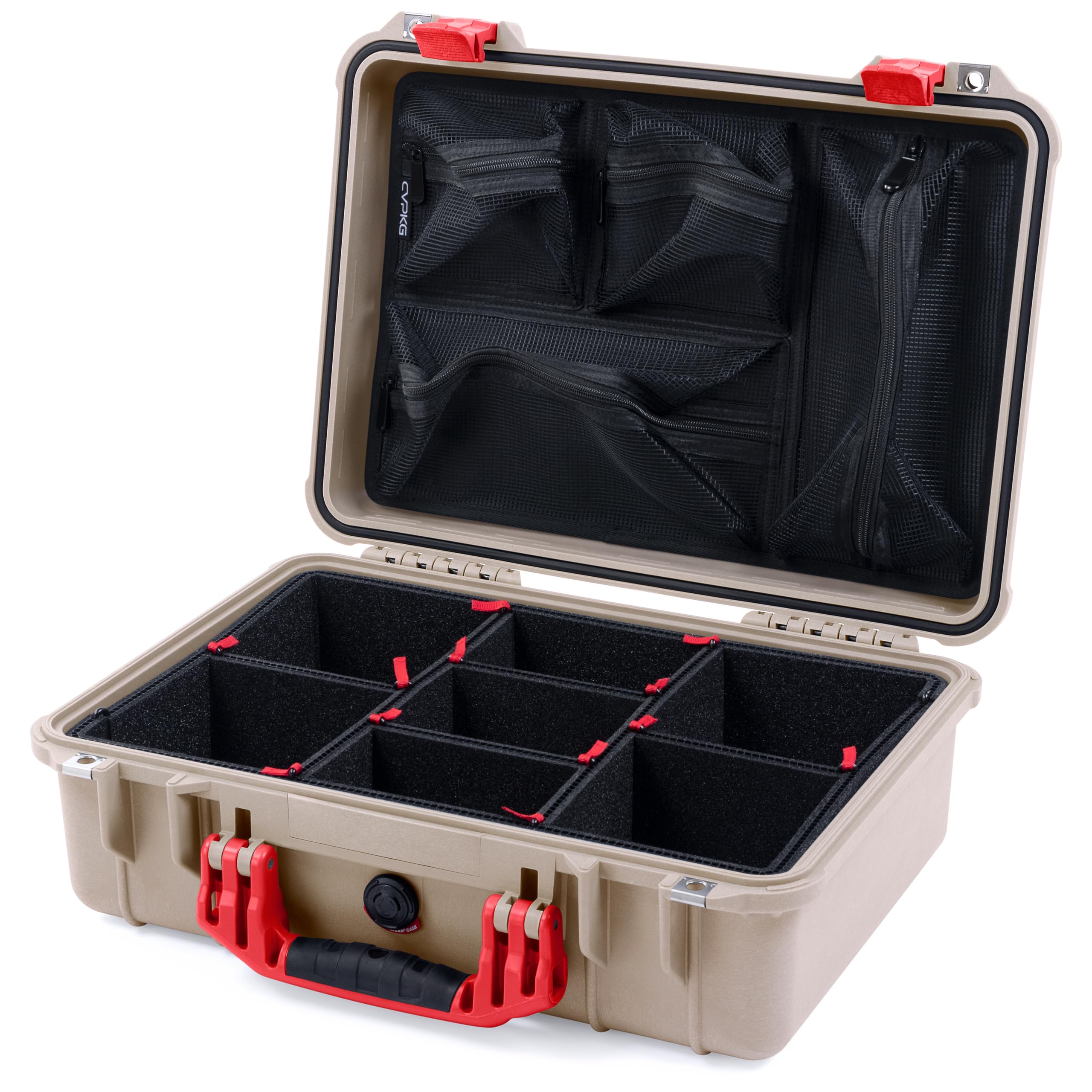 ColorCase Pelican 1500 Case Desert Tan - Medium Size Waterproof Case with TrekPak Divider & Mesh Lid Organizer - Red Handles & Latches