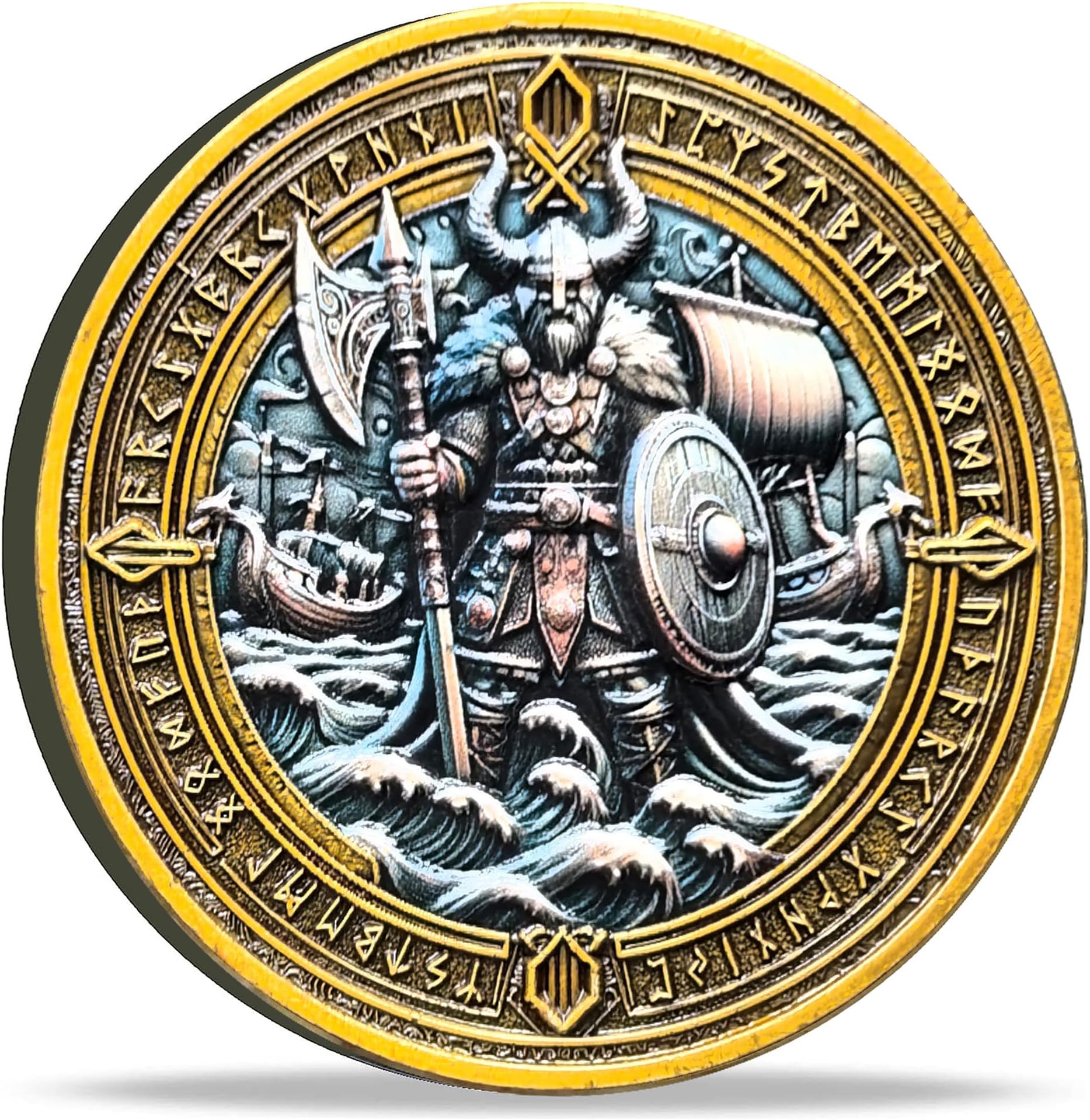 Viking Warrior and Mjรถlnir Challenge Coin - Intricate Norse Mythology Design with Runic Inscriptions (Single Coin)