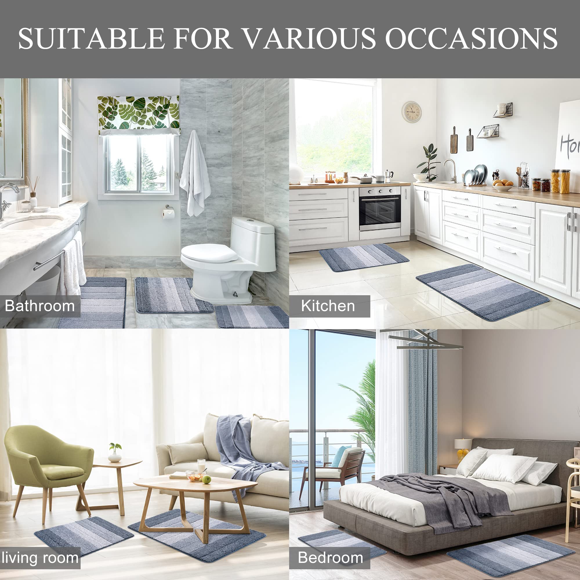 KMSON 3 Pcs Ombre Bath Rug Set Bathroom Rugs with U-Shaped Contour Toilet Mat, Non Slip Ultra Soft and Water Absorbent Bath Carpet, Machine Washable Quick Drying Bedroom Floor Mat Living Room Rug Blue