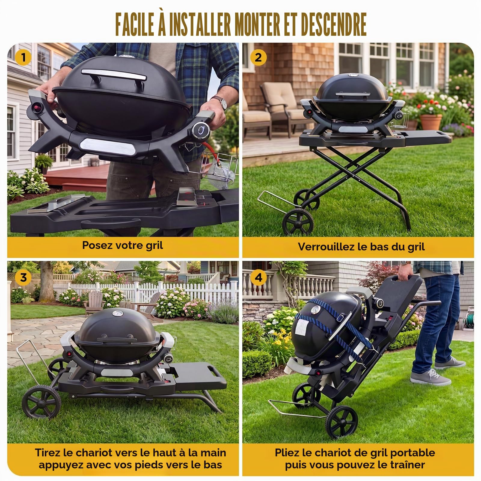 GFTIME Chariot pour Weber Q1000, Q2000 barbecues à gaz, chariot de grill pour Blackstone 43/56cm, support de barbecue extérieur, chariot de service pour barbecue pour Weber Q1200, Q1400, Q2200, Q2400.