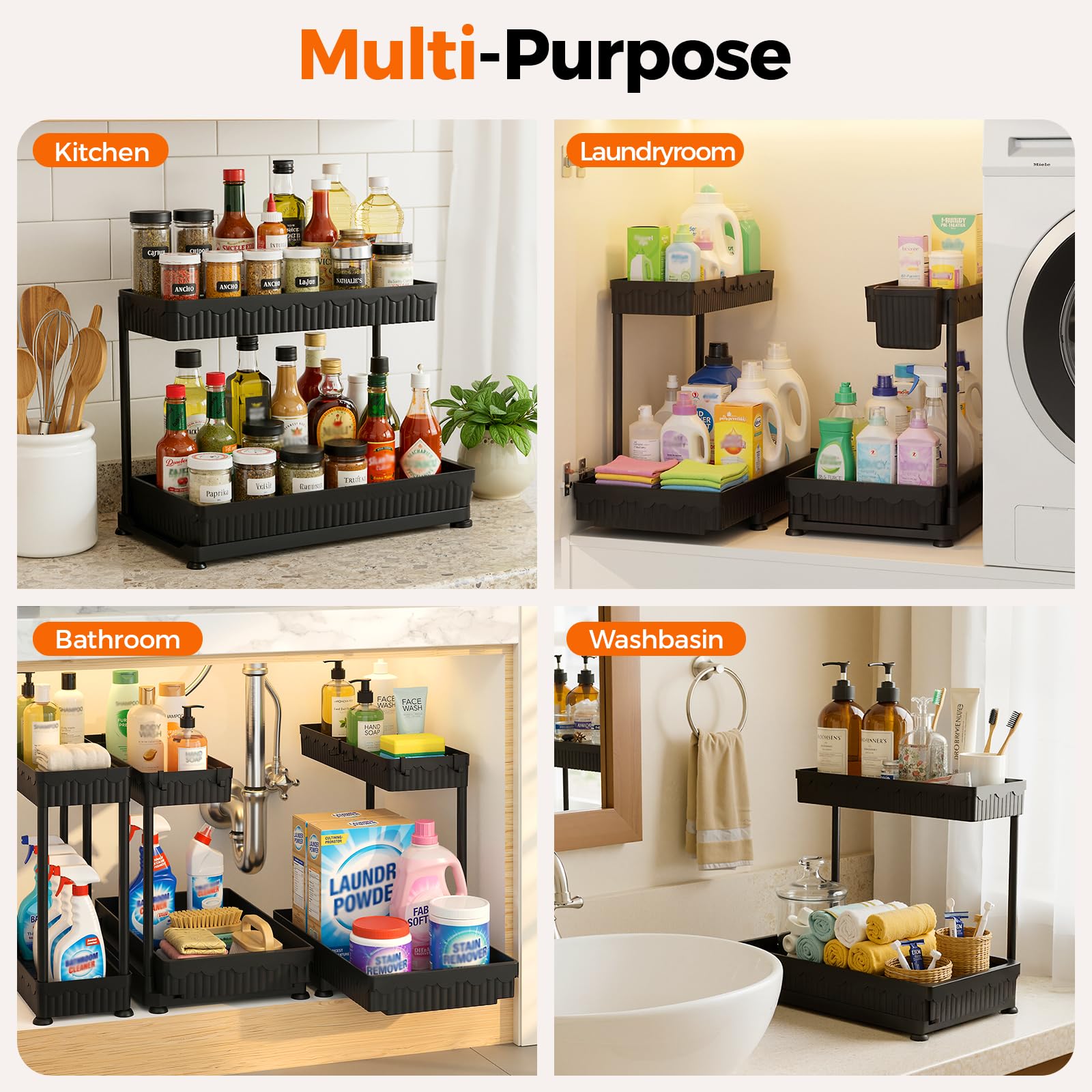 Sevenblue Paquete de 3 organizadores de almacenamiento extraíbles multiusos, organizadores de 2 niveles en forma de L para debajo del fregadero/armario y almacenamiento para baño y cocina, (negro
