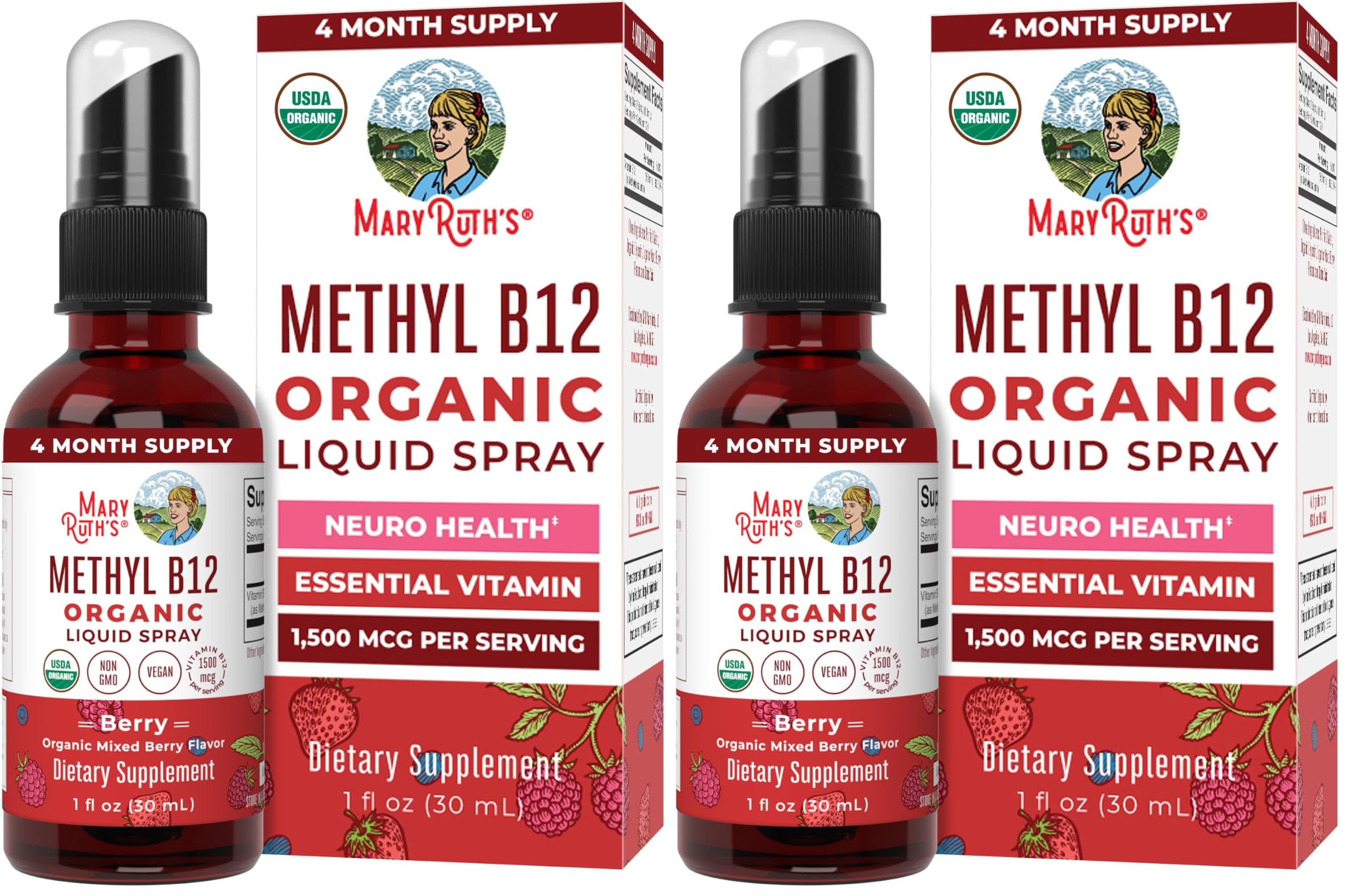 MARYRUTH'S Organic Methyl B12 Spray | 1,500 mcg B12 Per Serving | Methylcobalamin | Energy Metabolism | Cognitive Function | Neuro Health | Vegan | Gluten Free | Sugar Free | 1 Fl Oz (Pack of 2) Berry 1 Fl Oz (Pack of 2)
