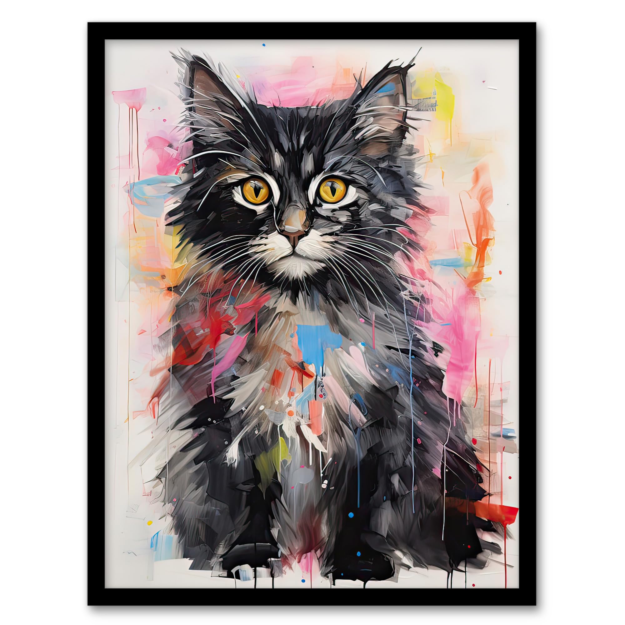 Artery8 Cute Kitten Colourful Oil Painting Bright Baby Cat Artwork Kids Bedroom Artwork Framed Wall Art Print A4
