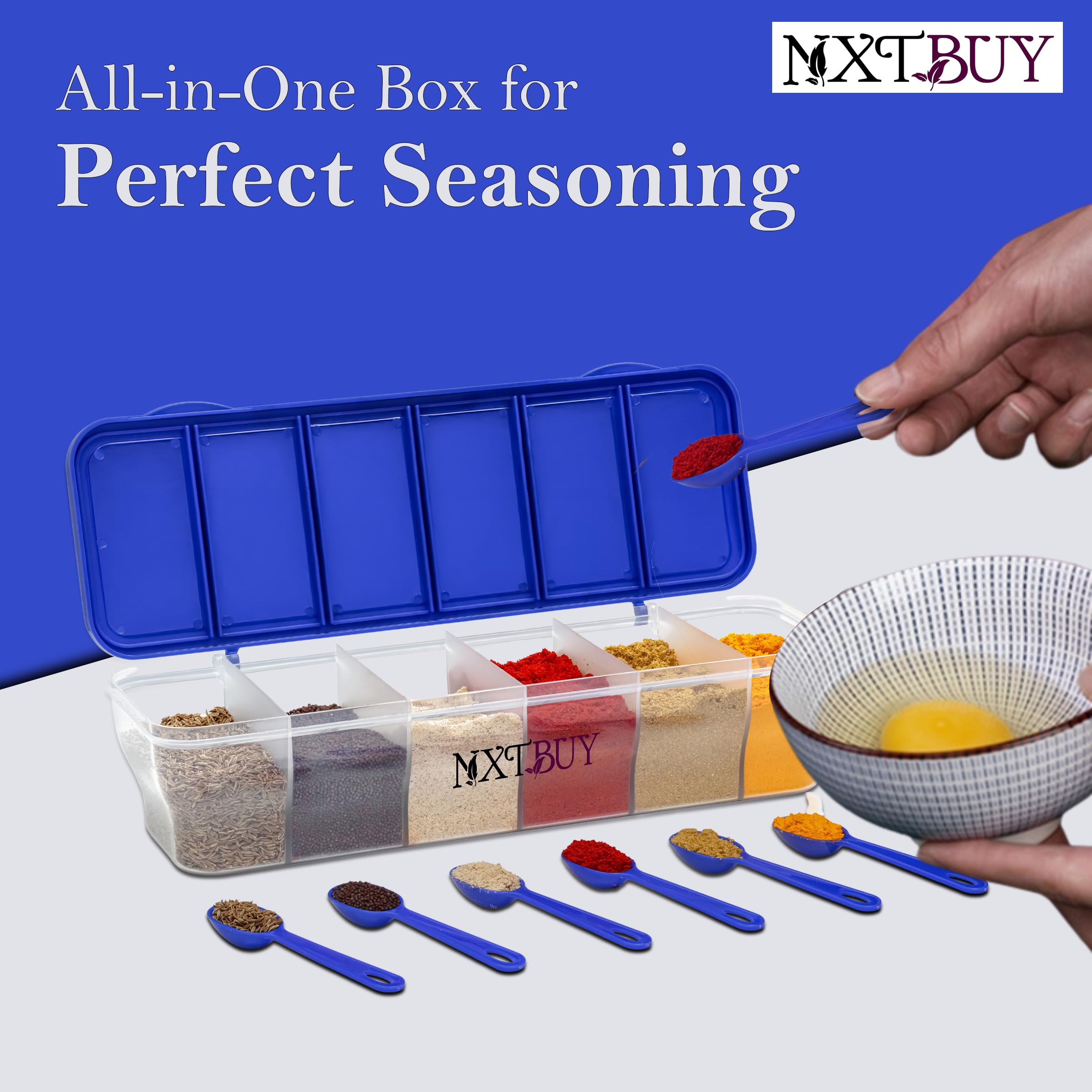 NXTBUY Multipurpose 6-in-1 Masala Box for Kitchen, Airtight BPA-Free Plastic 6 Section Storage Container with 6 Spoons, 1800 ml Transparent Pickle Box for Spices, Snacks, Dry Fruits (Pack of 2)