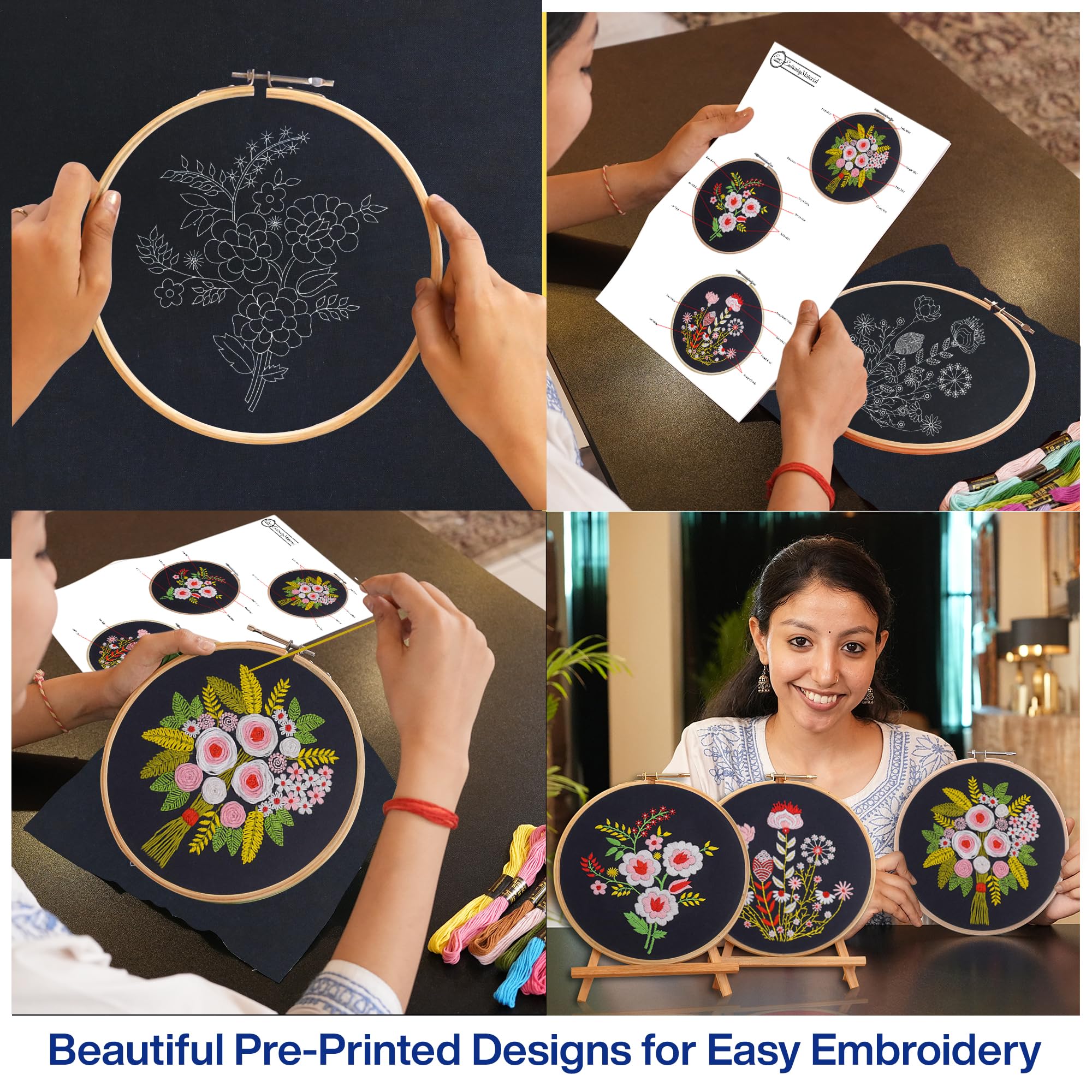 EmbroideryMaterial Combo of 3 DIY Floral Embroidery Kits for Beginners | Hand Embroidery Kit with Printed Fabric, Hoop, Needles, Threads & Instruction Sheet | Craft Kit for Adults & Kids (Black Fabric) 1