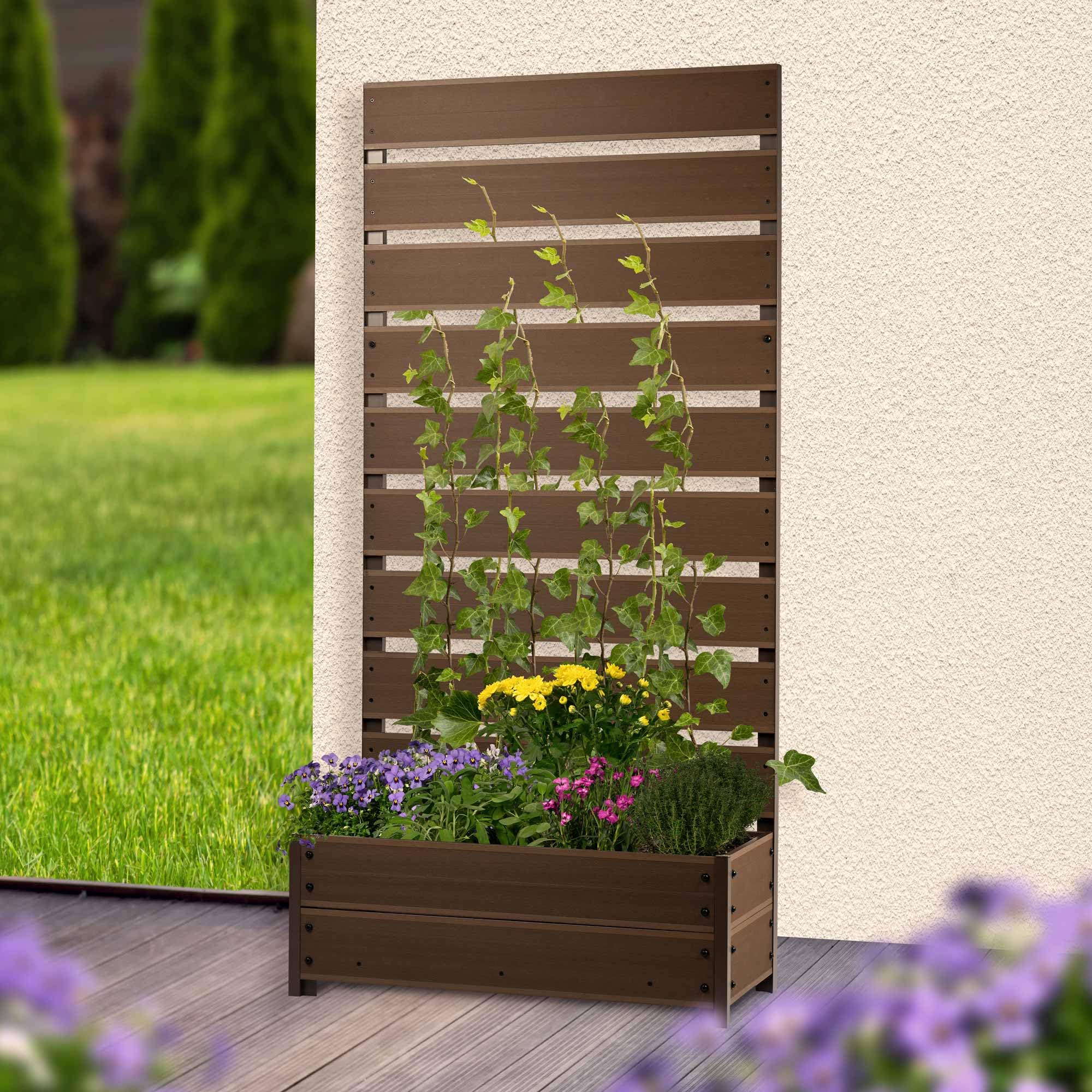 Tidyard Plantenbak met spalier, tuinspalier, vorst- en uv-bestendig, rooster, bloembakken, rankhulp, plantenbak, bloembak, verhoogd bed, bloembak, 100 x 43 x 142 cm, PP, mokka