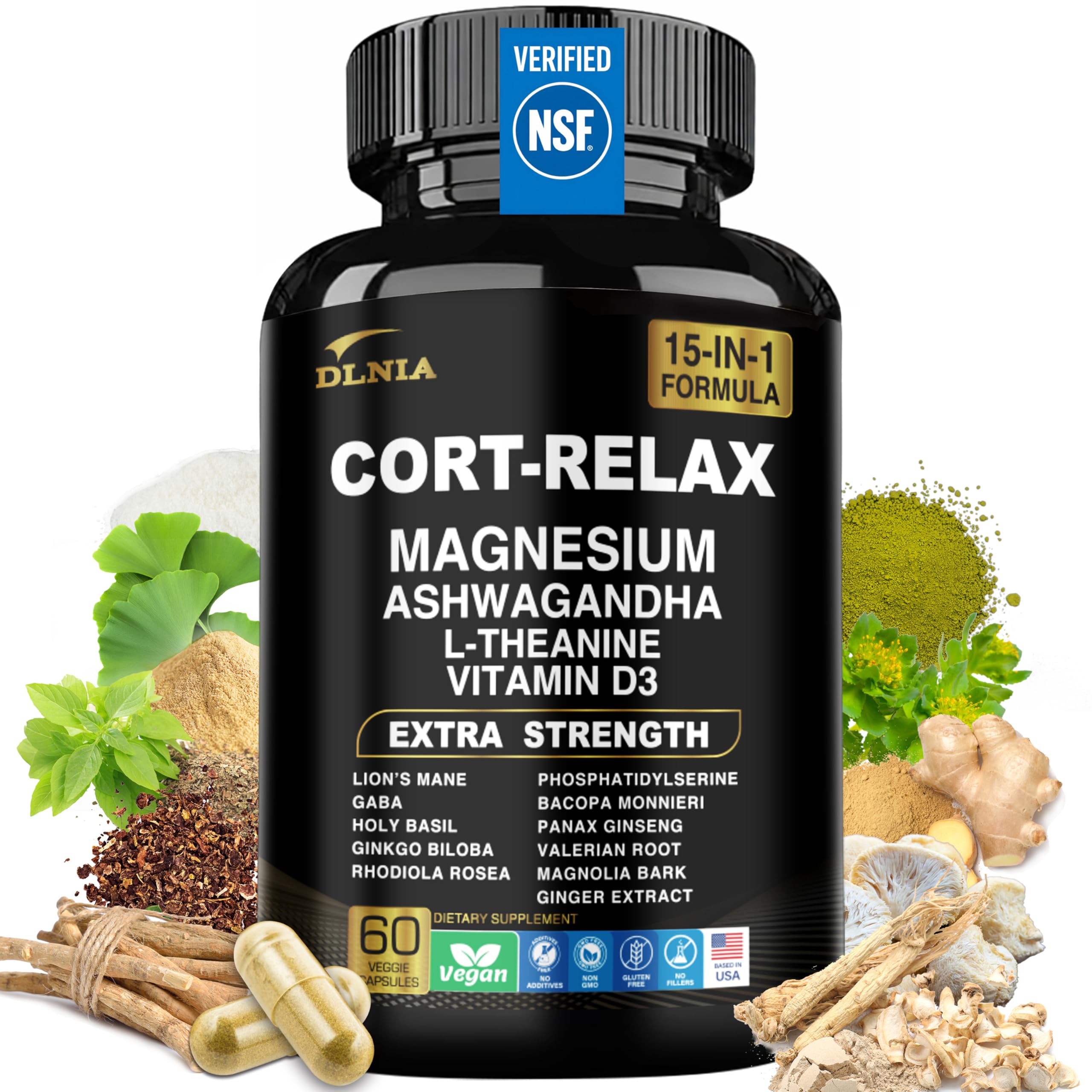 Super Calm Cortisol Supplement with Magnesium Glycinate, Ashwagandha KSM-66, L-Theanine, Phosphatidylserine, Ginkgo Biloba & Lions Mane for Calm, Focus, Mental Clarity, Relaxation, Sleep, Energy