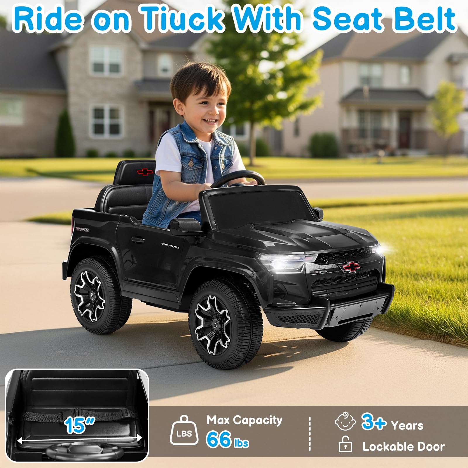 Winado Licensed Chevrolet Colorado Electric Car for Kids, 12V Ride on Toys for Toddlers with Remote Control, Battery Powered Electric Car Ride On Vehicle w/Bluetooth, Soft Start, LED Lights - Black