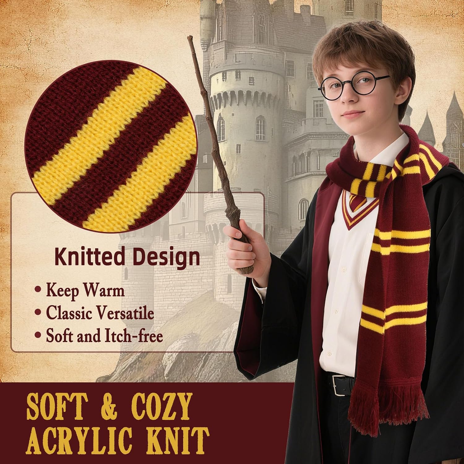 Burgundy and Gold Striped Knit Scarf – Soft Acrylic Winter Scarf for Women, Men, Kids – Classic Magic College Style for Halloween Cosplay, Fall Parties, Wizard Costume Accessory