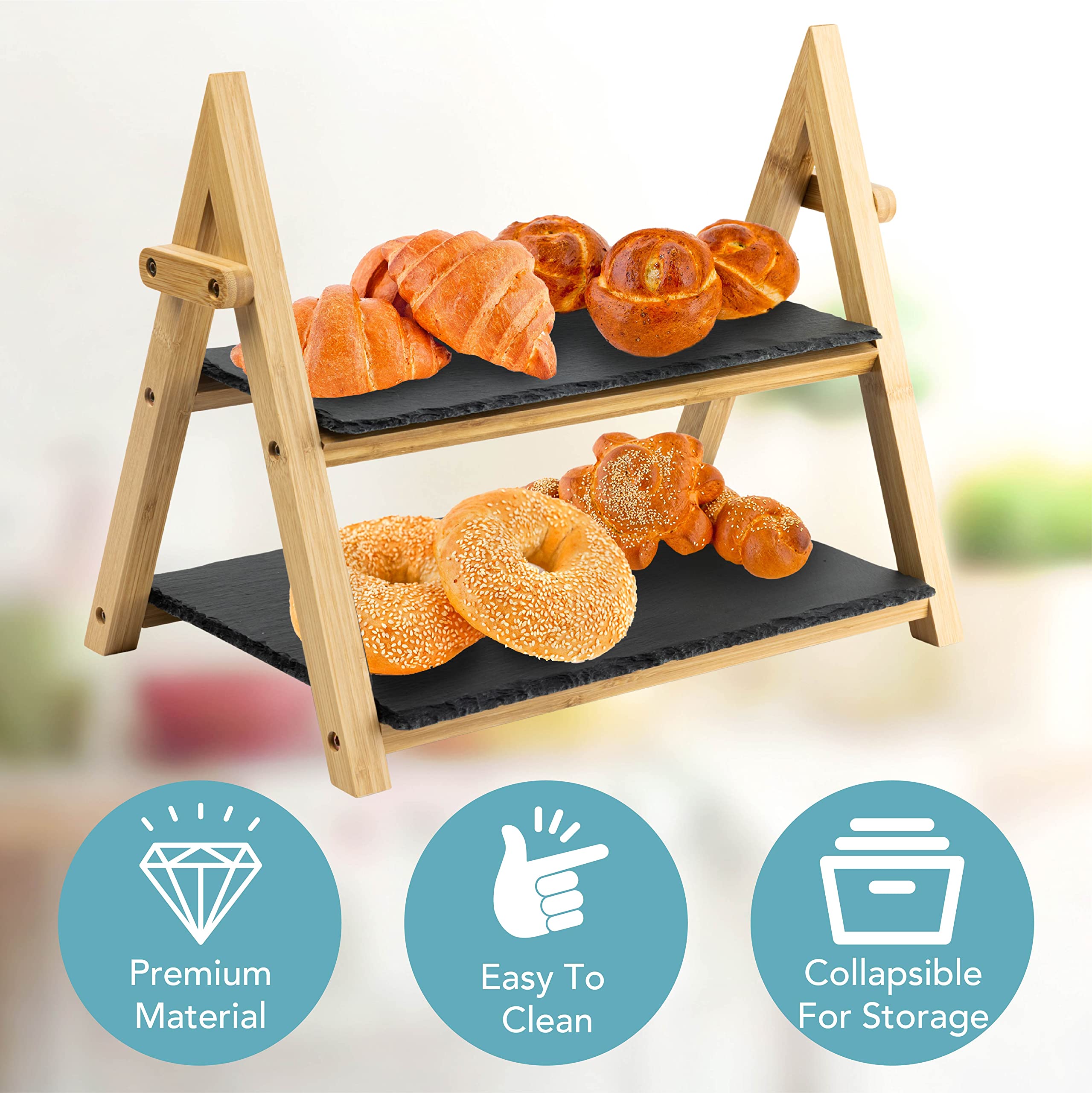 HEFTMAN Alzata per Dolci a 2 Livelli in Ardesia - Pieghevole, Rustico Alzate per Buffet per tè Pomeridiano, Dessert, Torte, Formaggio, Tapas, Carni - Nera/Di Legno Tagliere Aperitivo (32 cm x 41 cm)