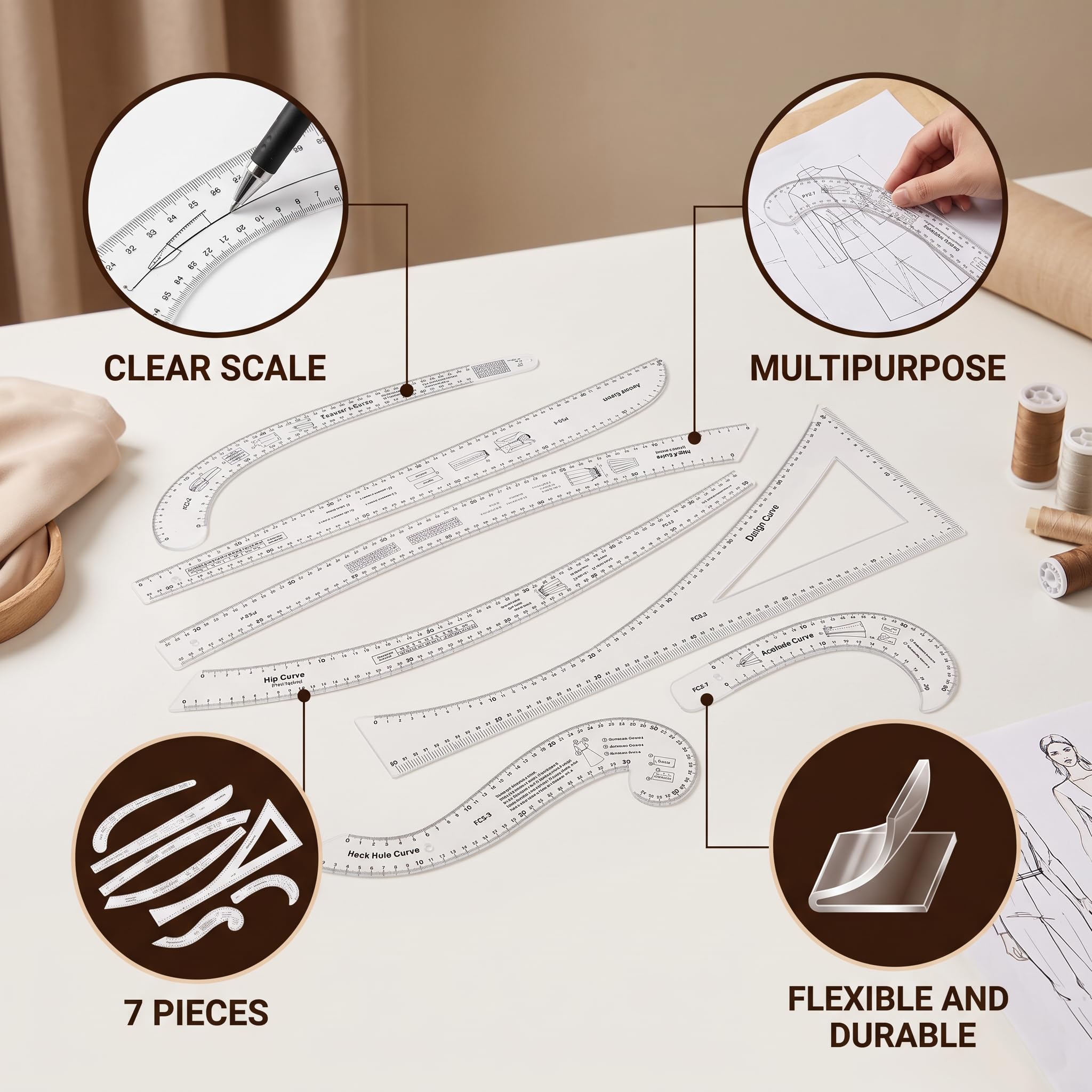 7-teiliges Transparentes Französisches Kurvenlineal-Set, Acryl-Nählineale für Schneider und Designer, Zum Basteln und Entwerfen Einzigartiger Kleidungsdesigns