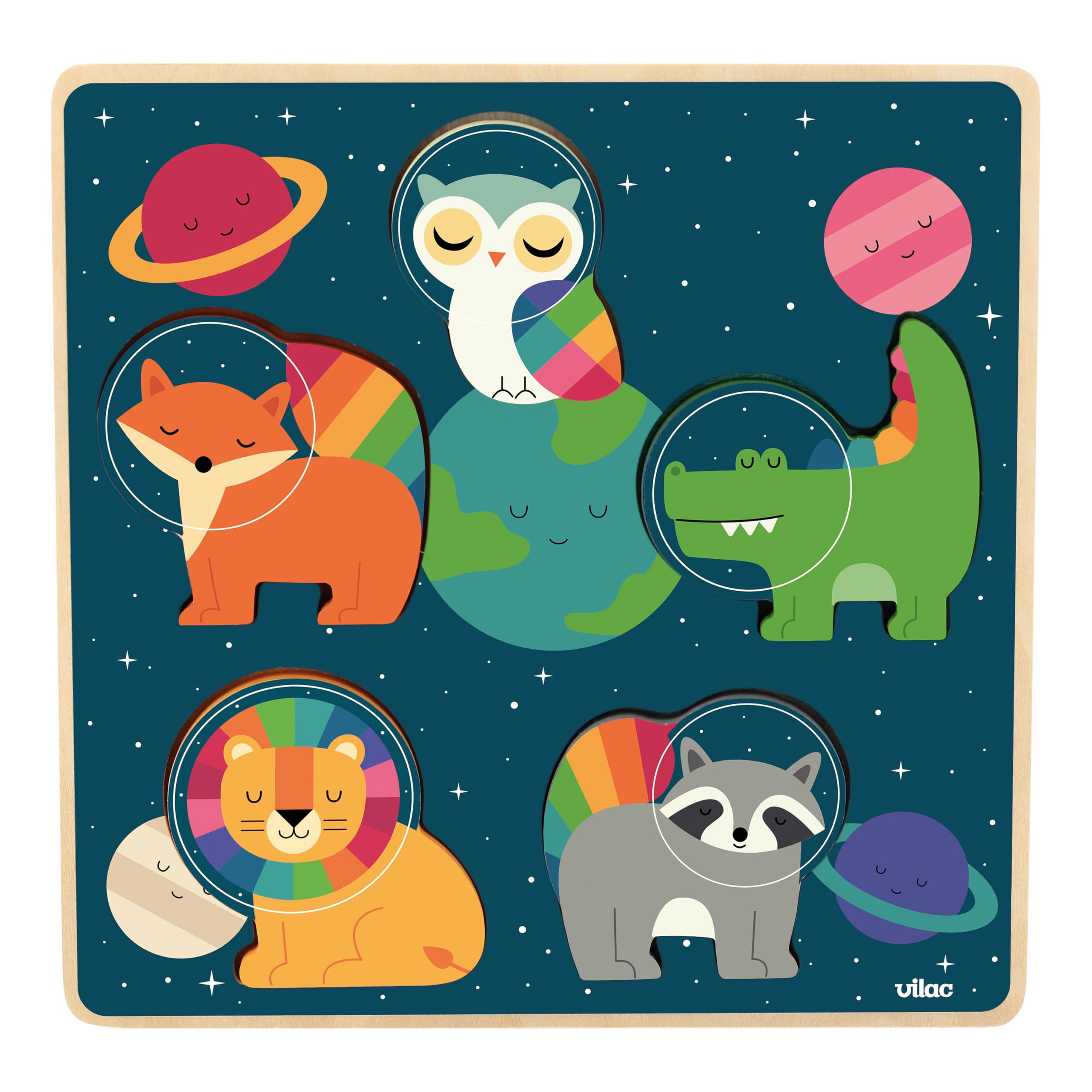 Vilac Touch and Feel Wooden Shape Puzzle - 5 Animal Pieces and Board, Montessori Game, Space Theme by Andy Westface, 18 Months+