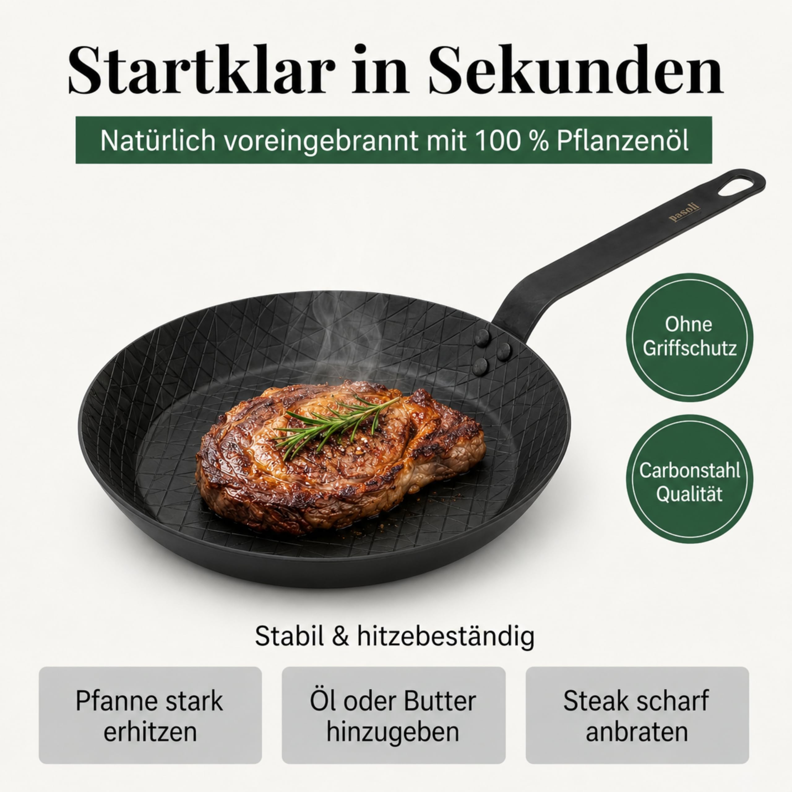 pasoli Carbonstahl Steak-Pfanne 28 cm – voreingebrannt, ohne Griffschutz, Induktion, Gas & Elektro kompatibel, kratzfest, ofenfest, Steakpfanne schwarz
