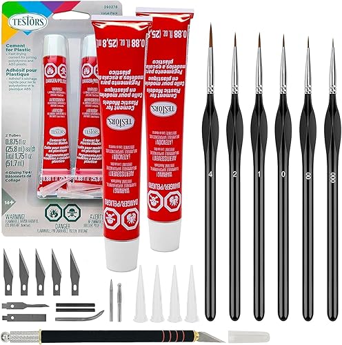Testors - Pegamento de plástico de cemento (2 unidades) con kit de herramientas Pixiss Gundam, 6 pinceles de pintura en miniatura, cuchillo de