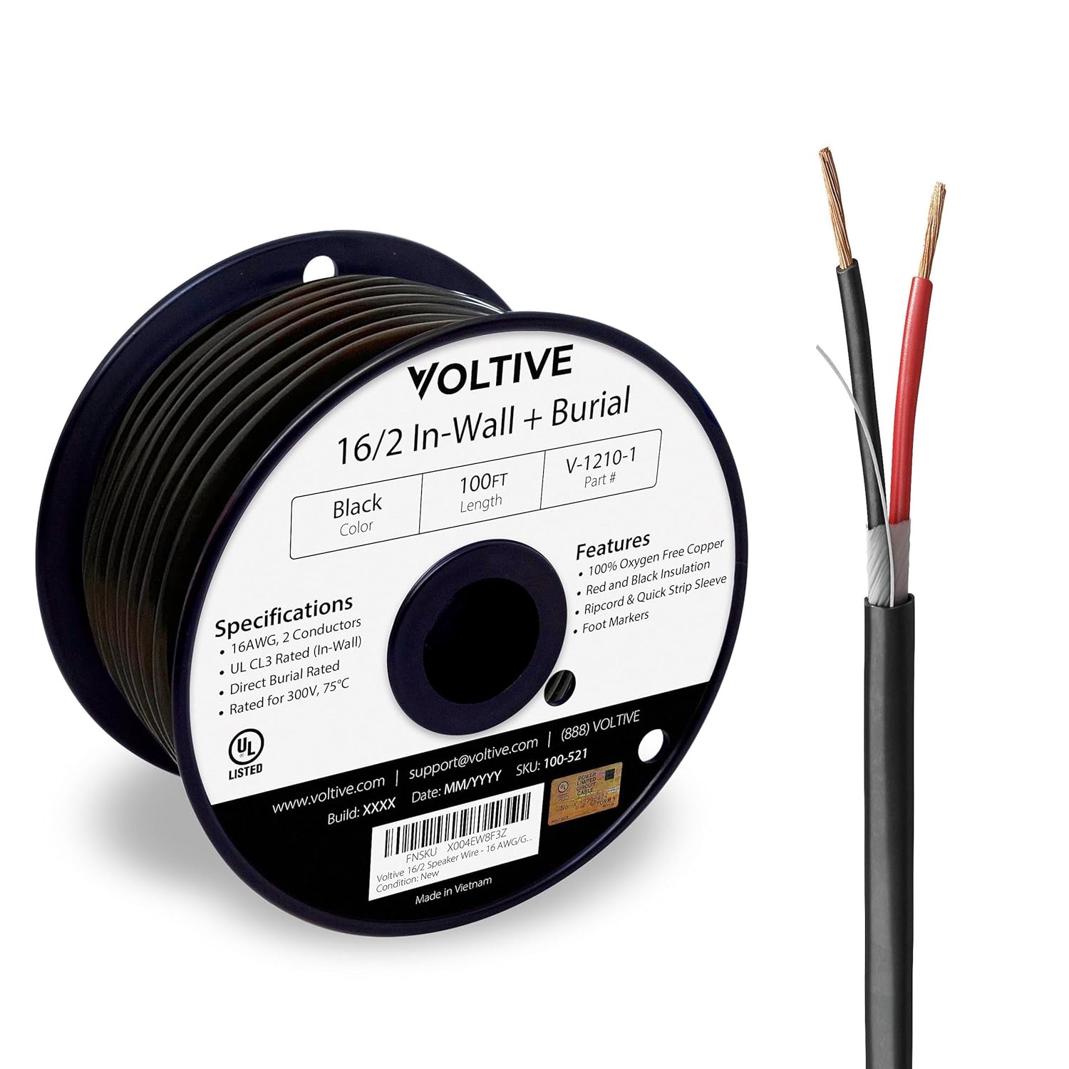 Voltive 16/2 Speaker Wire, 16 AWG, OFC, 100 ft