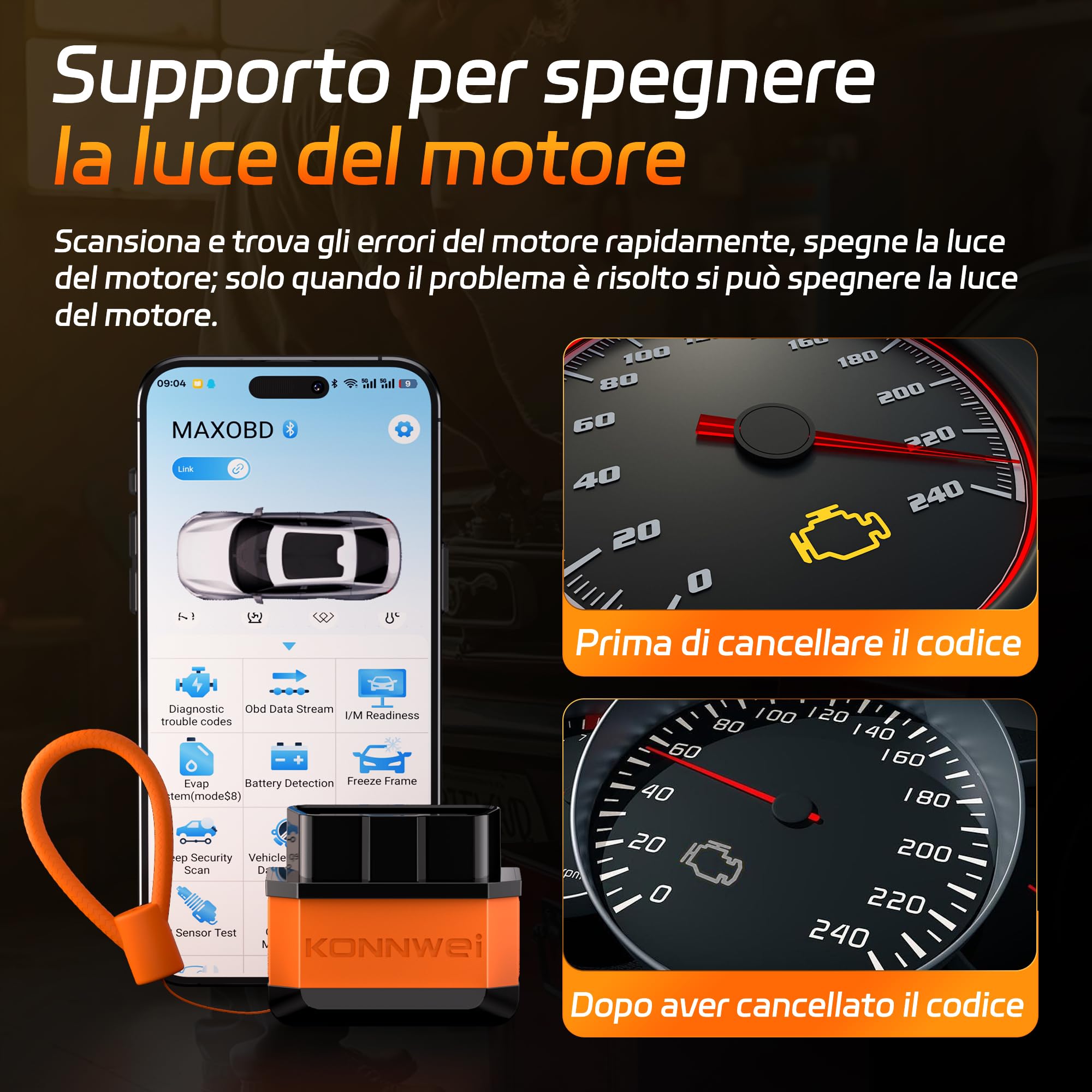 KONNWEI OBD2 - Dispositivo diagnostico Bluetooth, scanner wireless per auto, lettore di codici diagnostici con interruttore di alimentazione - Strumenti diagnostici OBD-II per iOS, Android e Windows