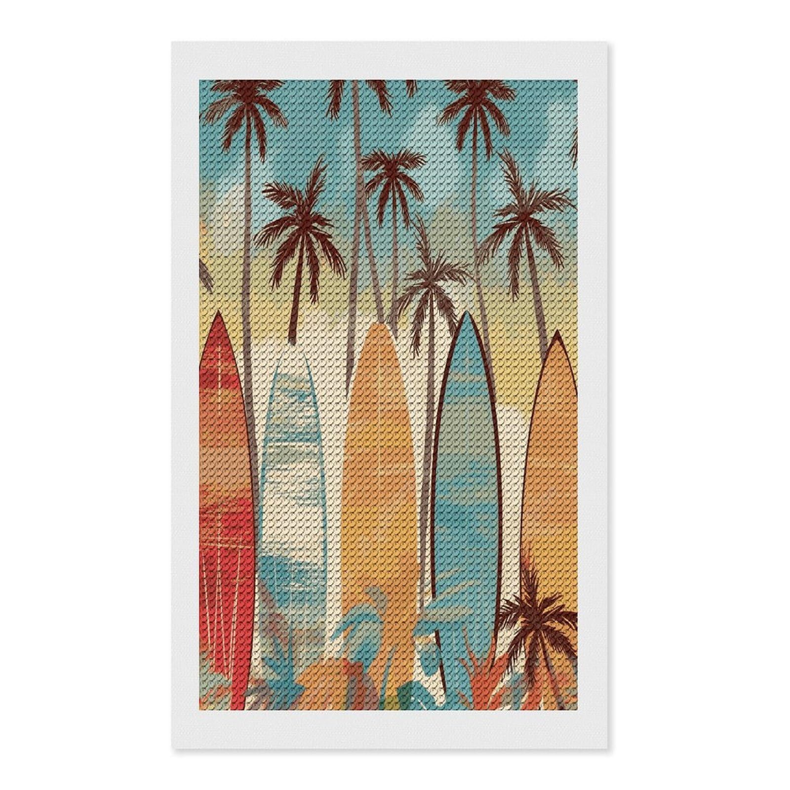 FekiLoot Surfboard Palm Tree Paint by Numbers Kit for Adults Beginner DIY Diamond Dots Paintings Round Full Drill Diamond Art Kits Picture Diamond Art Painting Kits for Home Decor 12"x20"