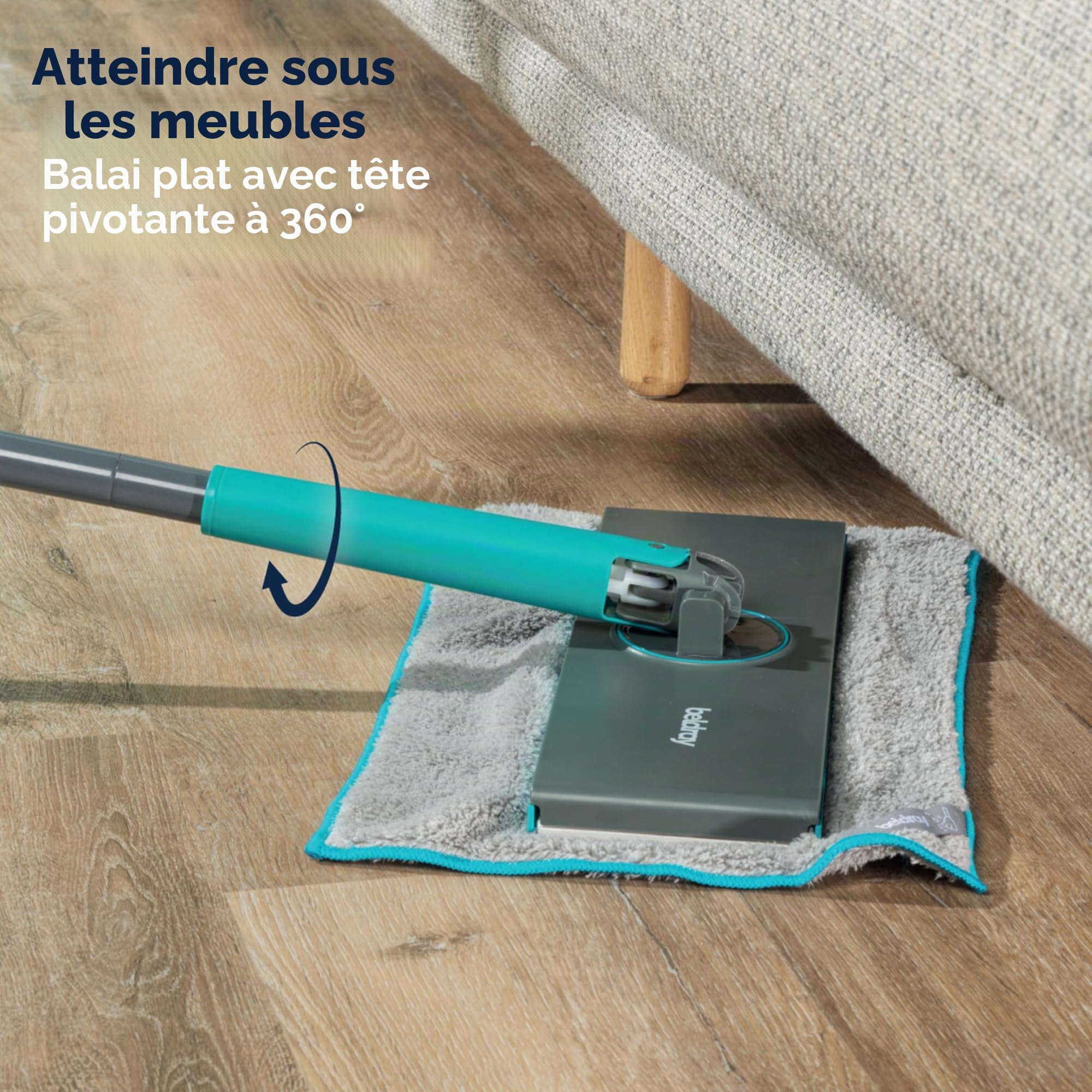Beldray Anti-Bac Balai à Franges Clip-to-Grip pour Sol - Grande Tête de Balai, Carrelages/Sol/Miroirs, Manche à Relâchement par Pression, Rotative à 360°, 6 Chiffons, Nettoyage/Récurage/Époussetage