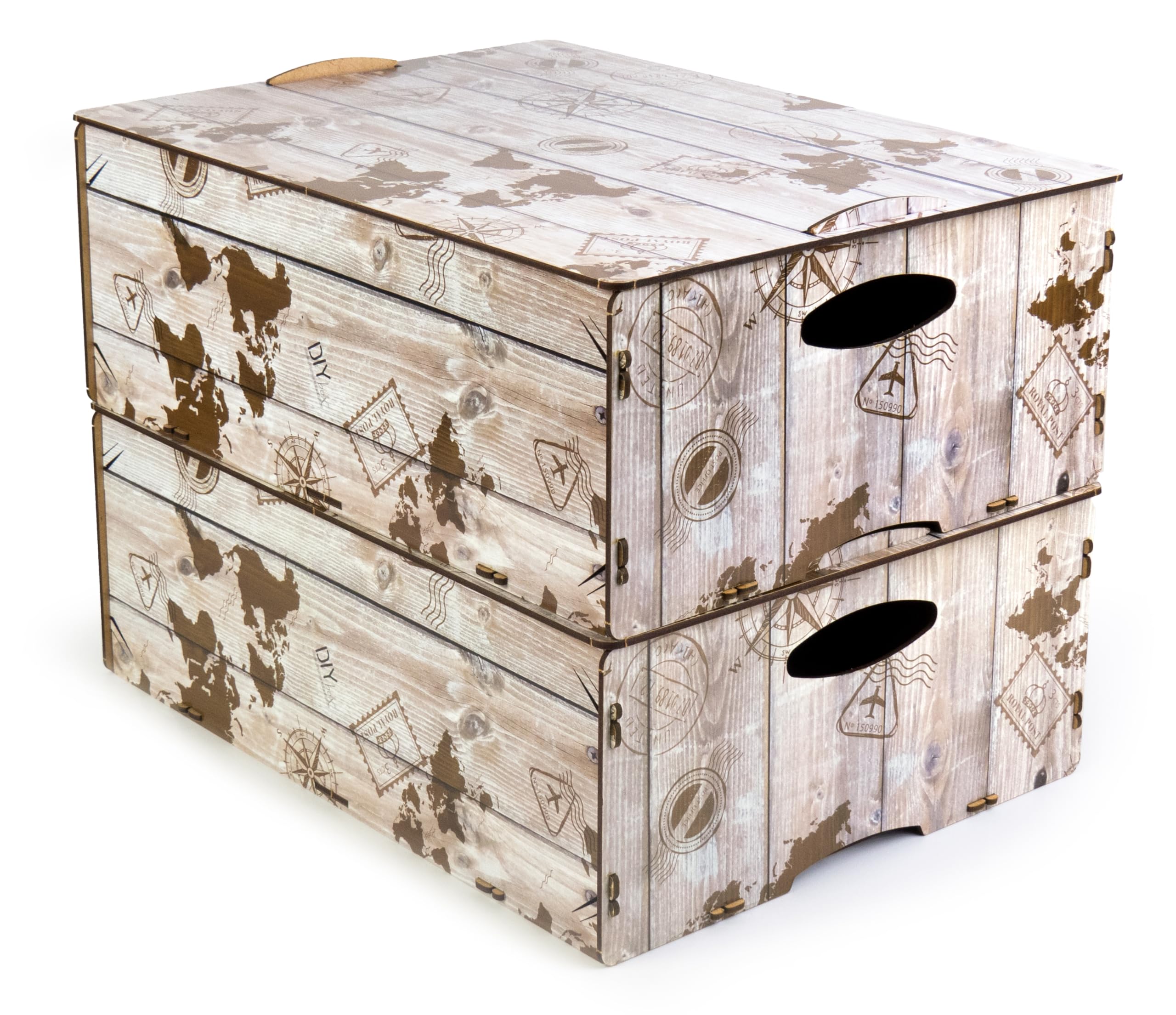 Set 2 Cajas Decorativas de Diseño en MDF – DIY BOX L (38x28x15cm) TRAVEL THE WORLD – Resistentes, Reciclables, con Asas y Tapa – Almacenaje Creativo y Apilable para Hogar – Hechas en España