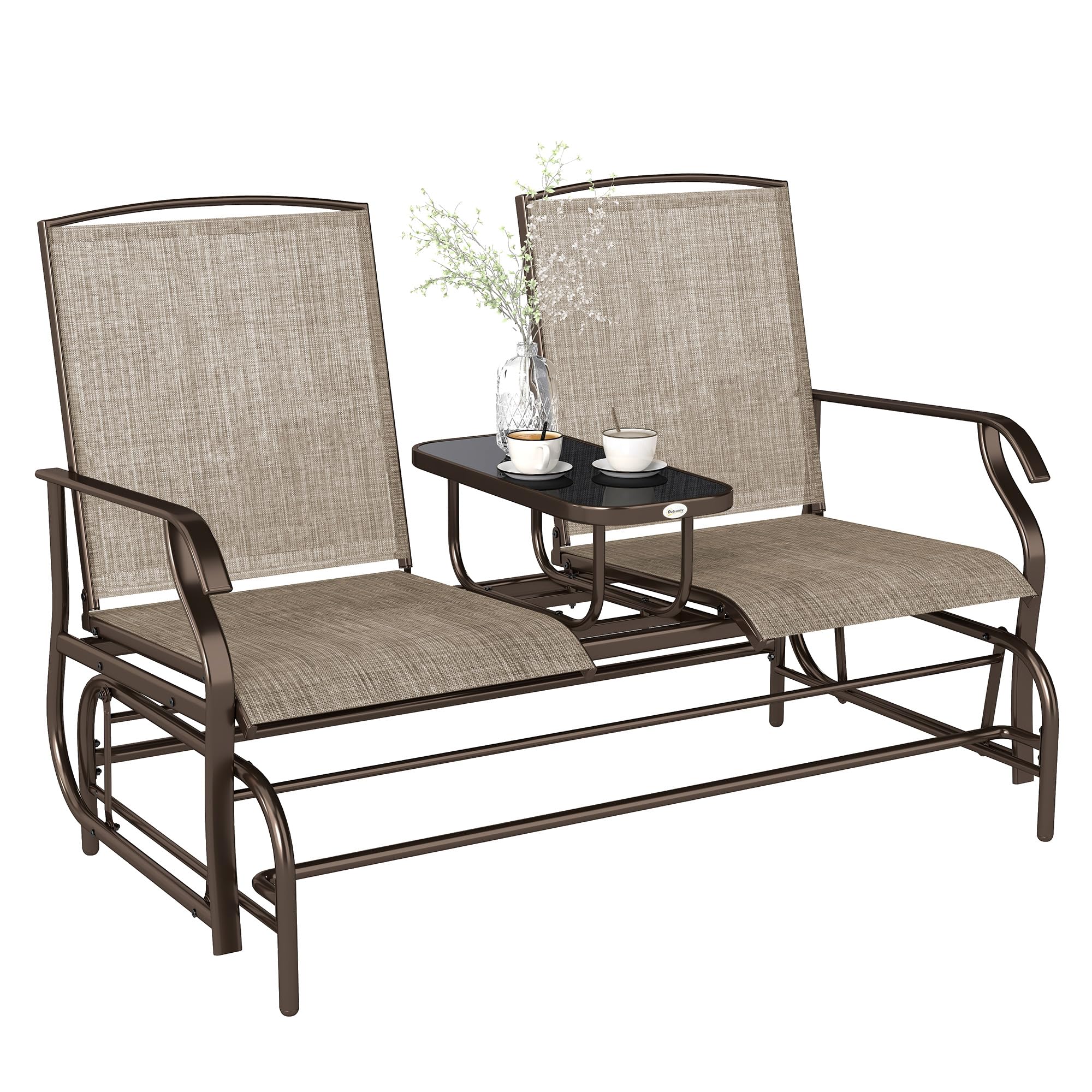 Outdoor Glider Bench with Center Table, Metal Frame Patio Loveseat with Breathable Mesh Fabric and Armrests for Backyard Garden Porch, Brown