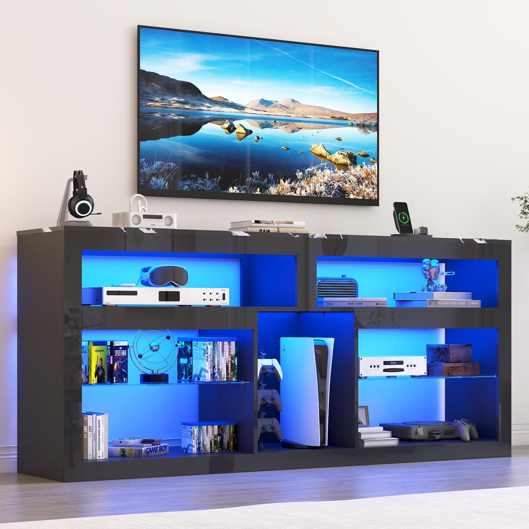 chartustriable 71" LED TV Stand w/Power Outlet, 31.5" Tall Entertainment Center for 75 Inch, Gaming Console with Storage, Adjustable Shelf Modern High