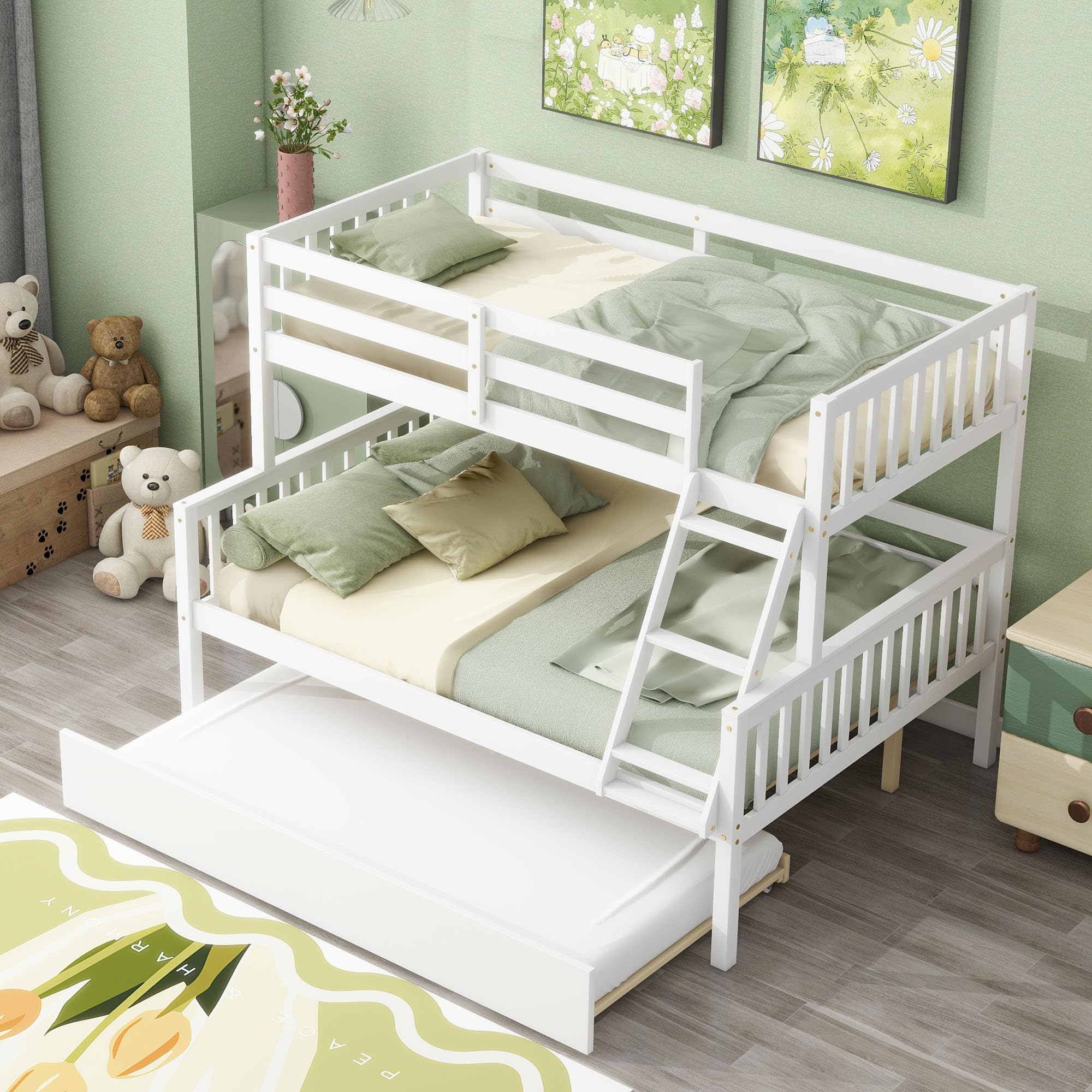 BIADNBZ Twin Over Full Bunk Bed with Trundle,Convertible into 2 Bedframe with Ladder and Safety Rails for Kids, Teens, White