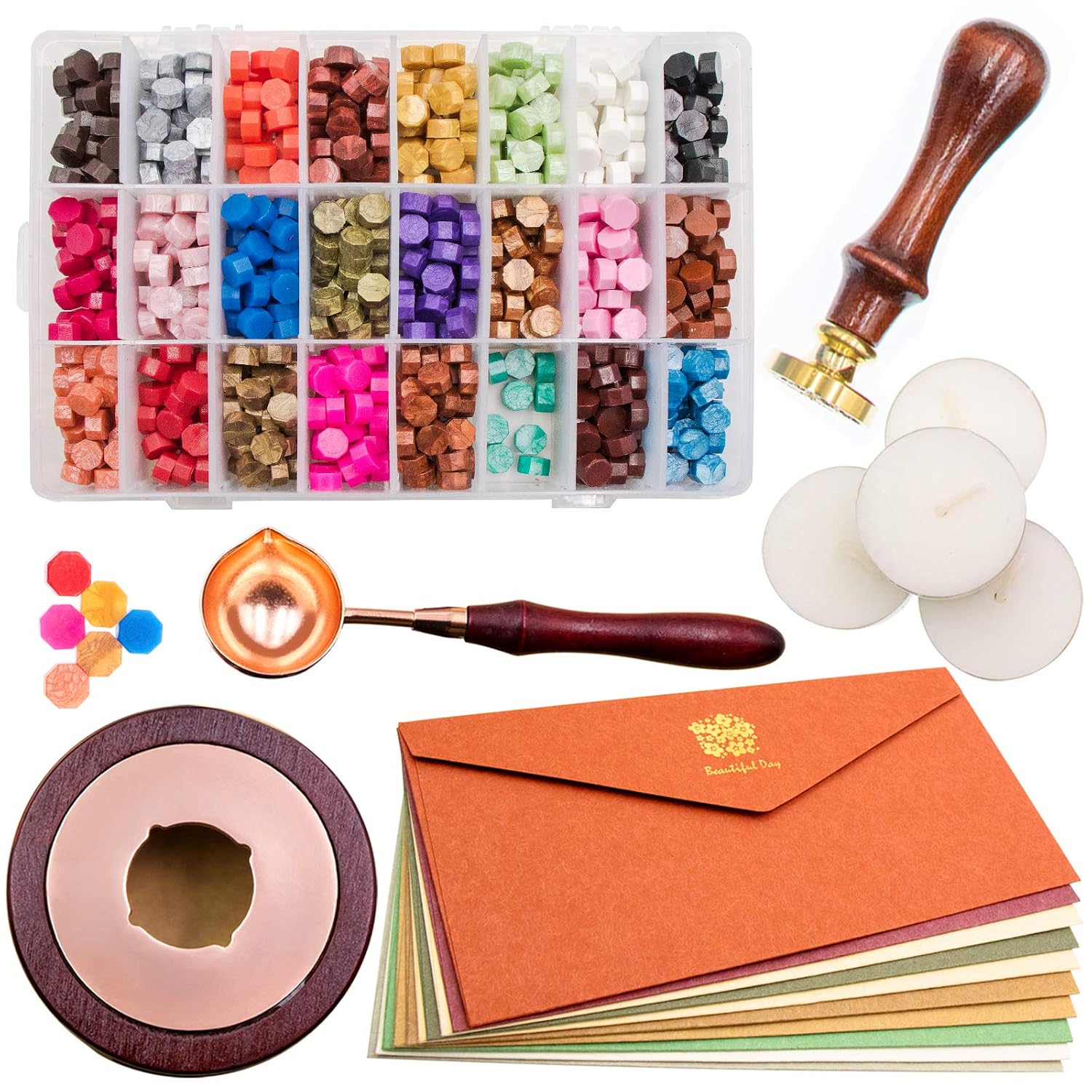 Waycreat Wax Seal Kit, 744PCS Octagon Sealing Wax Beads with Melting Furnace, Tree of Life Stamp, 10 Pcs High-Grade Vintage Envelope, 4PCS Tea Candles and 1PCS Wooden Handle Wax Melting Spoon