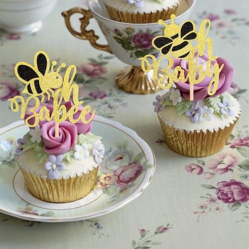 Miniatura 3 de 24 piezas de decoración de cupcakes Bee Oh Baby con purpurina dorada Bumble Bee Oh Babee para cupcakes con temática de abejorros para baby shower de