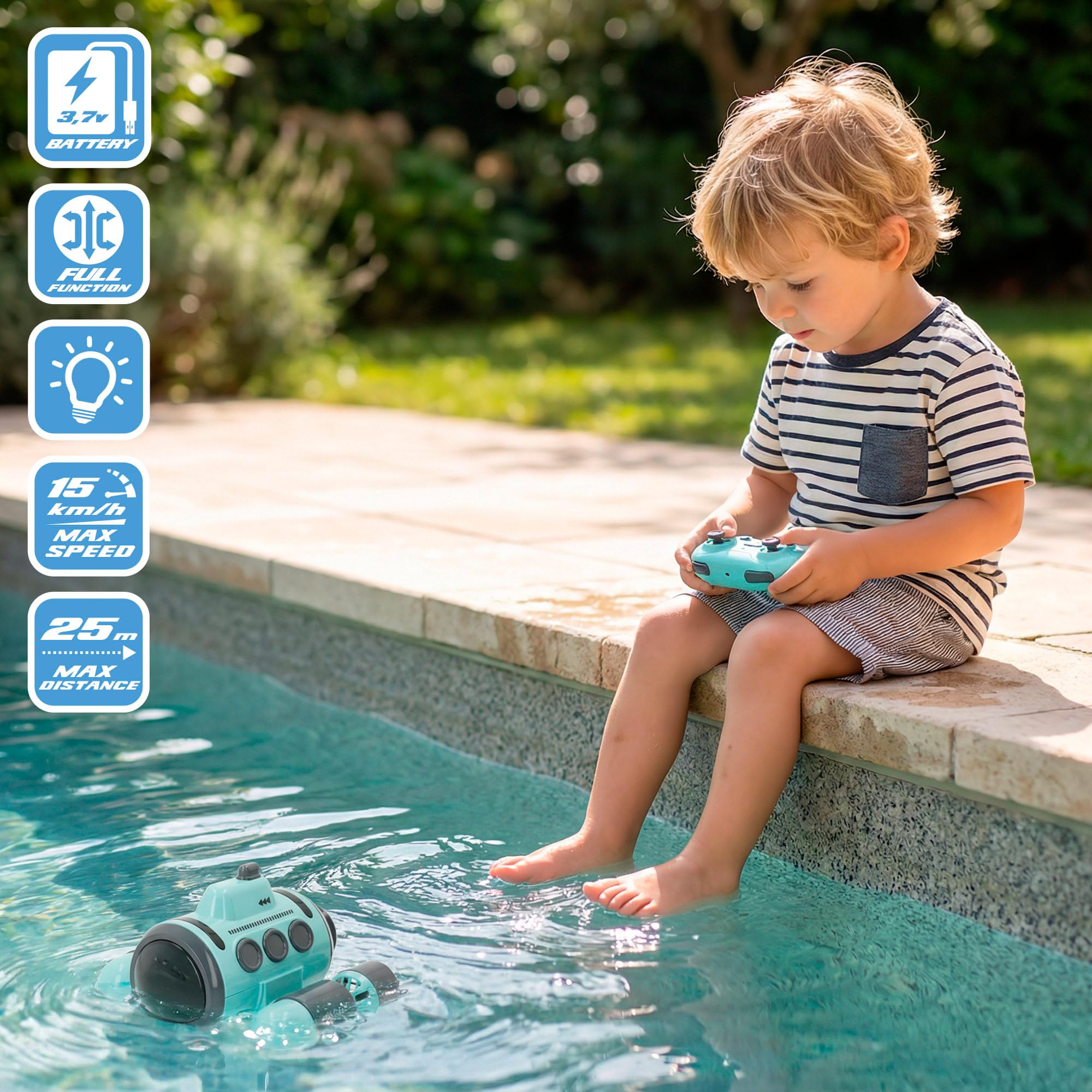ColorBaby Speed & Go Submarino teledirigido, Giros 360º, Incluye luz, Mando a Distancia Sumergible, Alcance 25 Metros, Velocidad 15 km/h, Juguete para niños 4 años, Juguetes RC (39731)