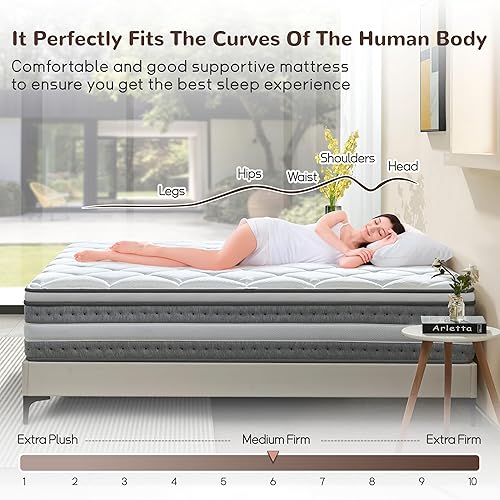 Miniatura 4 de Colchón King híbrido tamaño King de 14 pulgadas con espuma viscoelástica y resortes individuales para aislamiento de movimiento, alivio de presión,