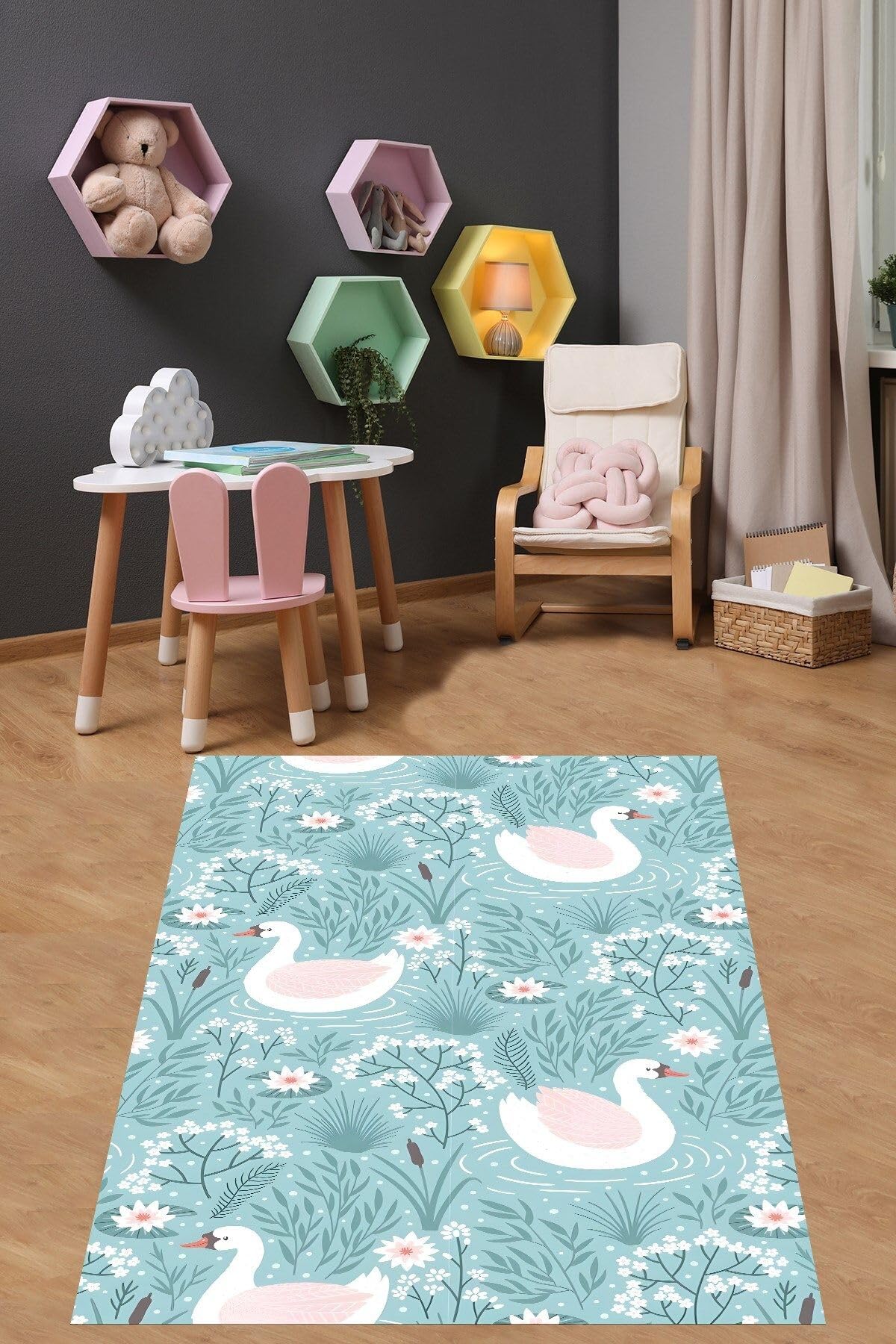 Pelangi Mavi Zemin Kuğular Ve Çiçekler Desenli Yıkanabilir Kaymaz Taban Leke Tutmaz Çocuk Odası Halısı, Mavi-Beyaz-Pembe 80 x 300, 764201388030005