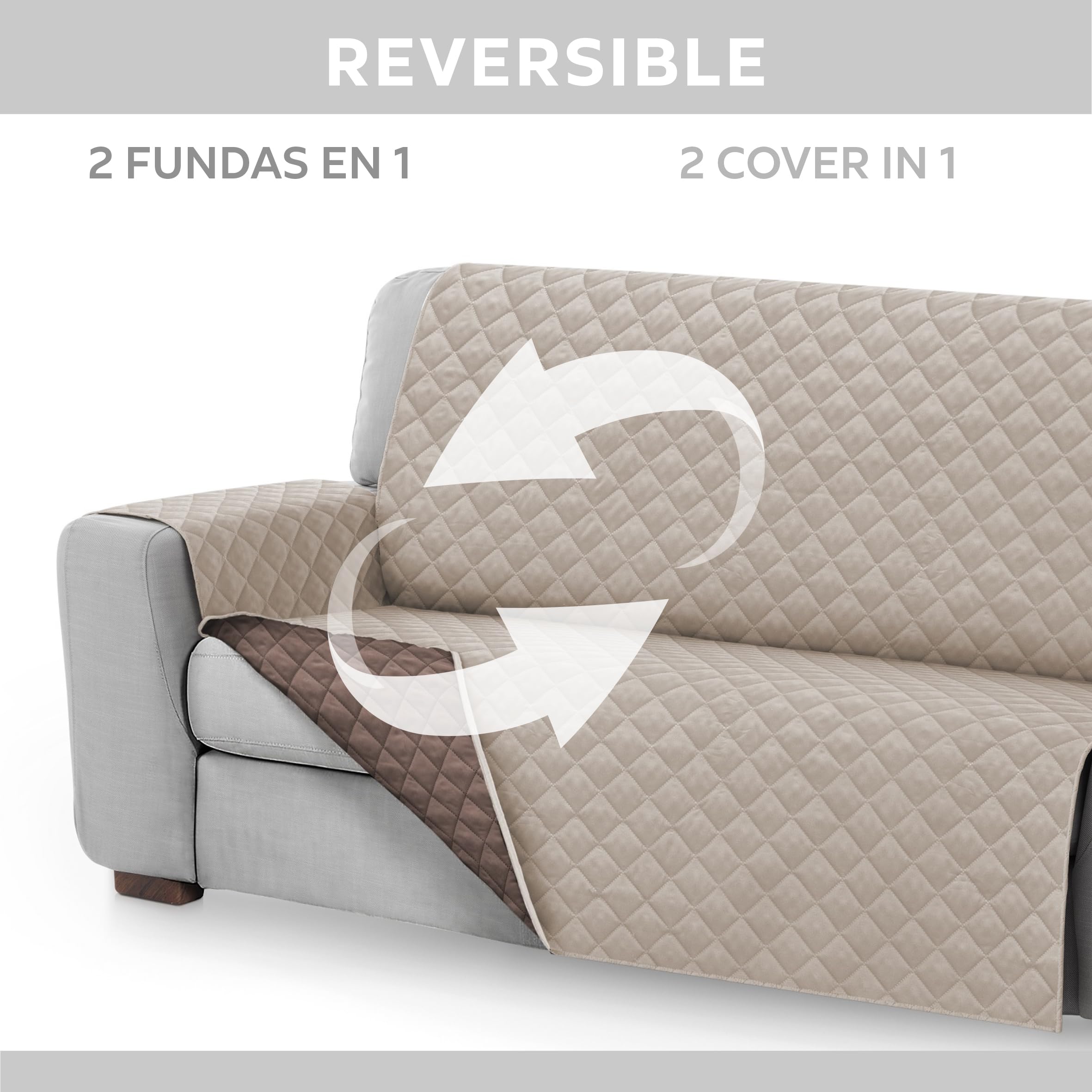 Textilhome Copridivano Malu 3 Posti (160cm) – Salvadivano Trapuntato Reversibile Universale, Protezione Antigraffio, Fodera Imbottita per Divano, Colore Beige