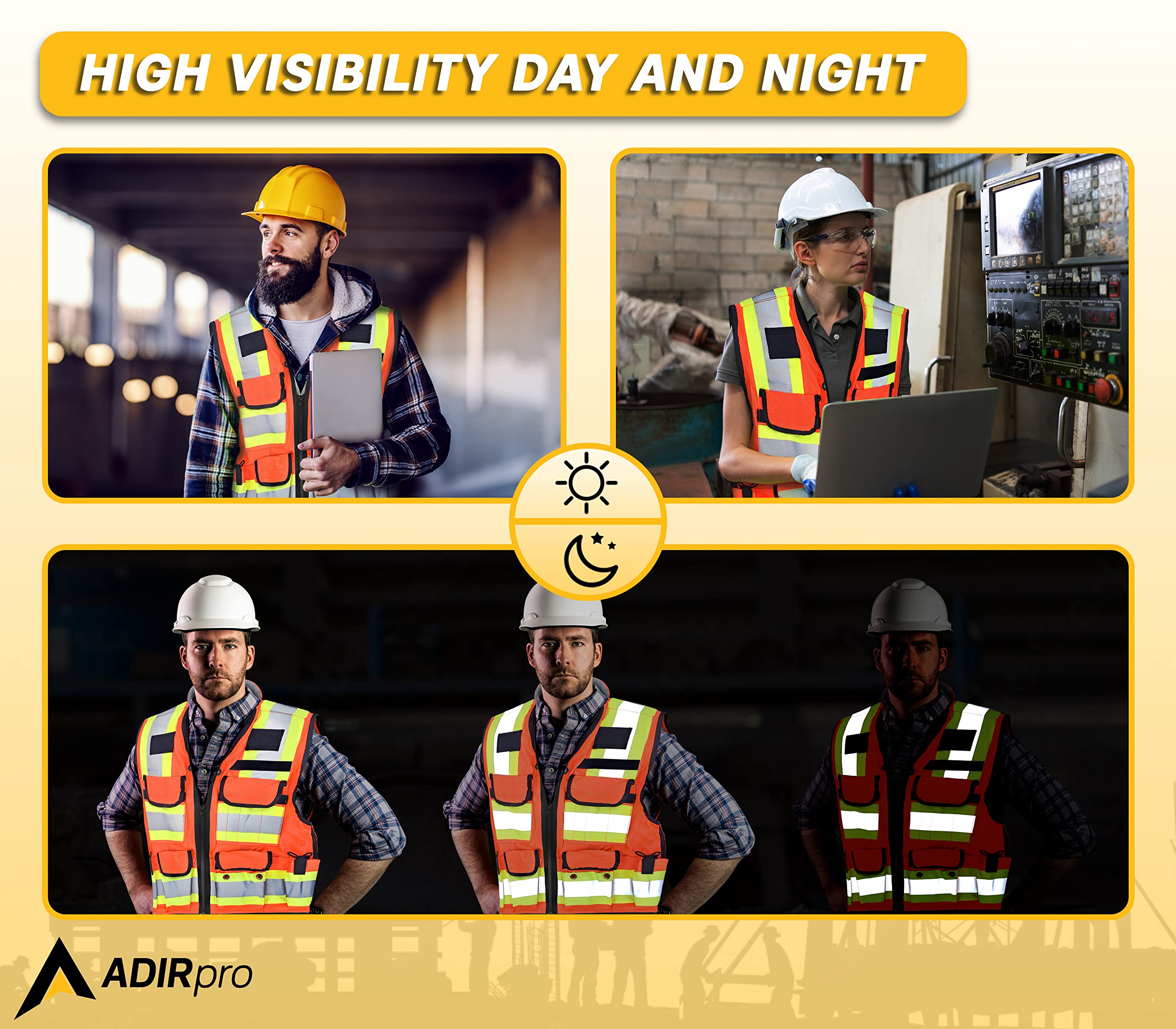 AdirPro - Chaleco de seguridad resistente conforme a ANSI, chaleco reflectante de alta visibilidad con cremallera y bolsillos utilitarios para inspectores, ingenieros, trabajadores de la construcción