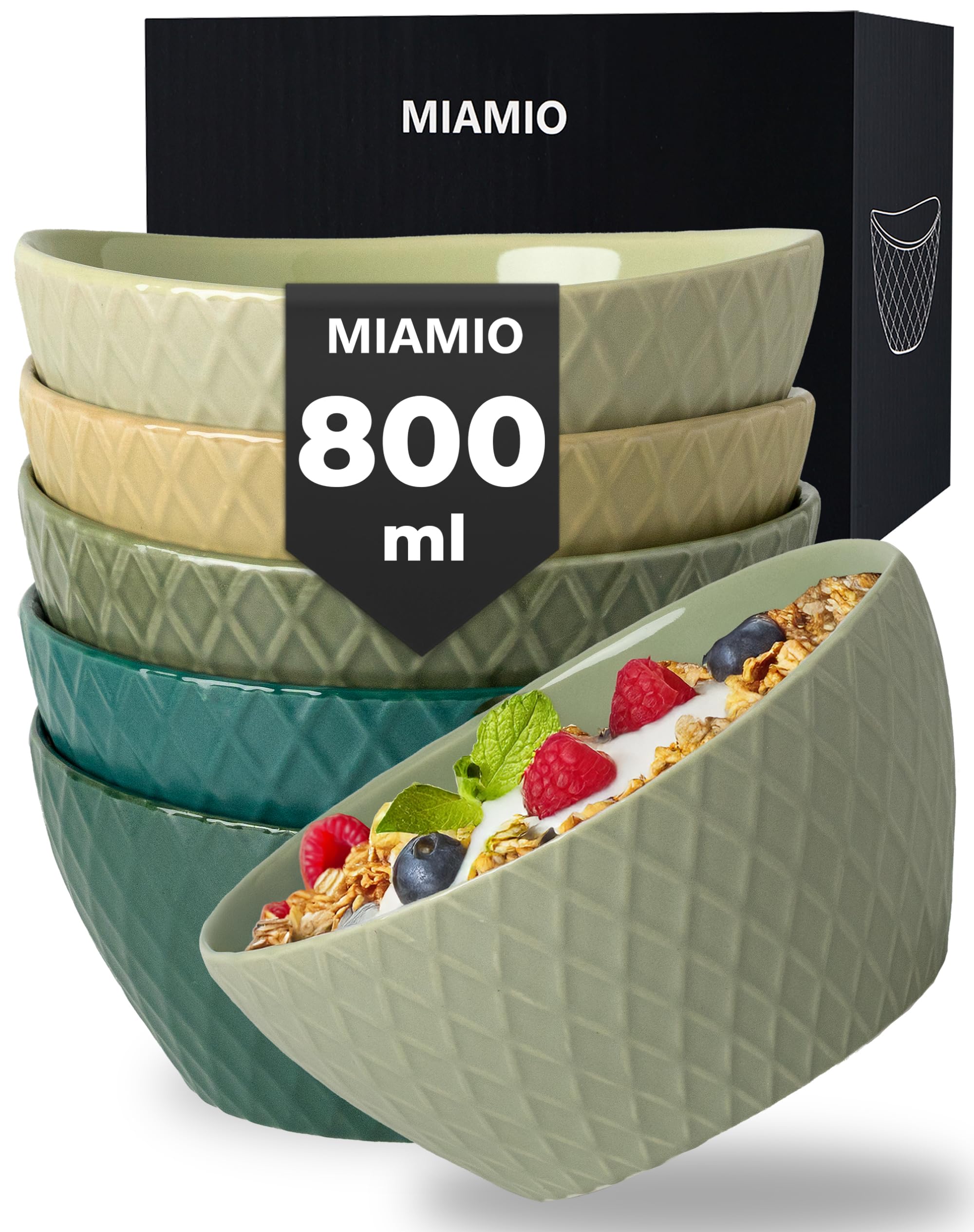 MIAMIO - 6 x 800 ml - Set di ciotole/ciotole per cereali - ciotole moderne opache - Set di ciotole grandi - Collezione Palmanova (Verde)