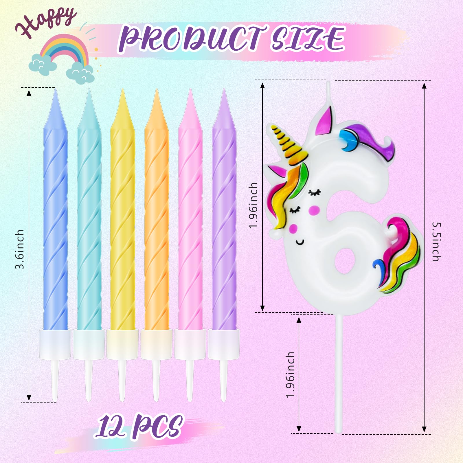 Threlaco Unicorn Birthday Girl Number Candle Macaron Unicorn Cake Topper Horses Decoration with 12 Pcs Rainbow Spiral Birthday Candles with Holders for Baby Boy Birthday Theme Party(Number 6)